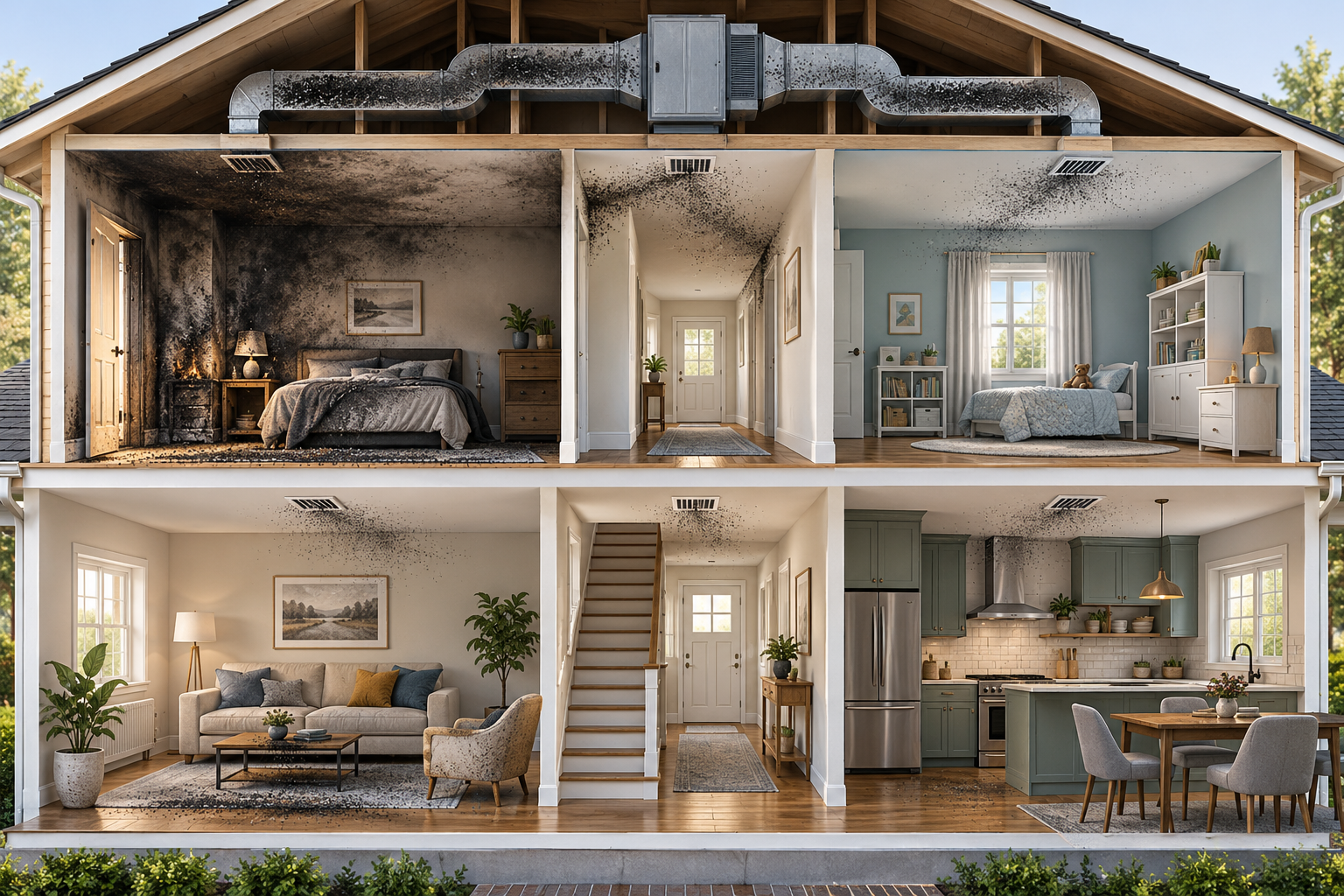 Conceptual cutaway showing smoke residue extending along air pathways beyond the visibly burned room