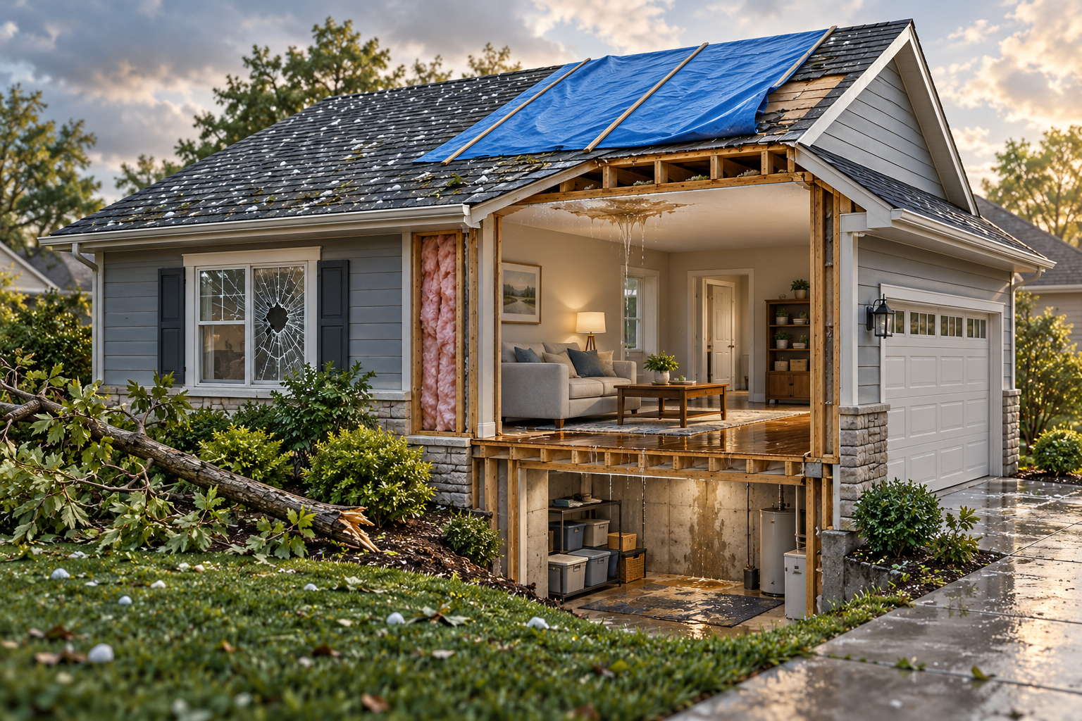 Cutaway illustration of connected roof, opening, debris, and interior water-damage scopes after a storm
