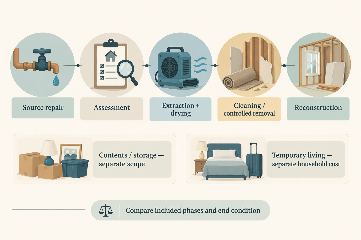 Water-loss project scopes with contents handling and temporary living shown as separate costs
