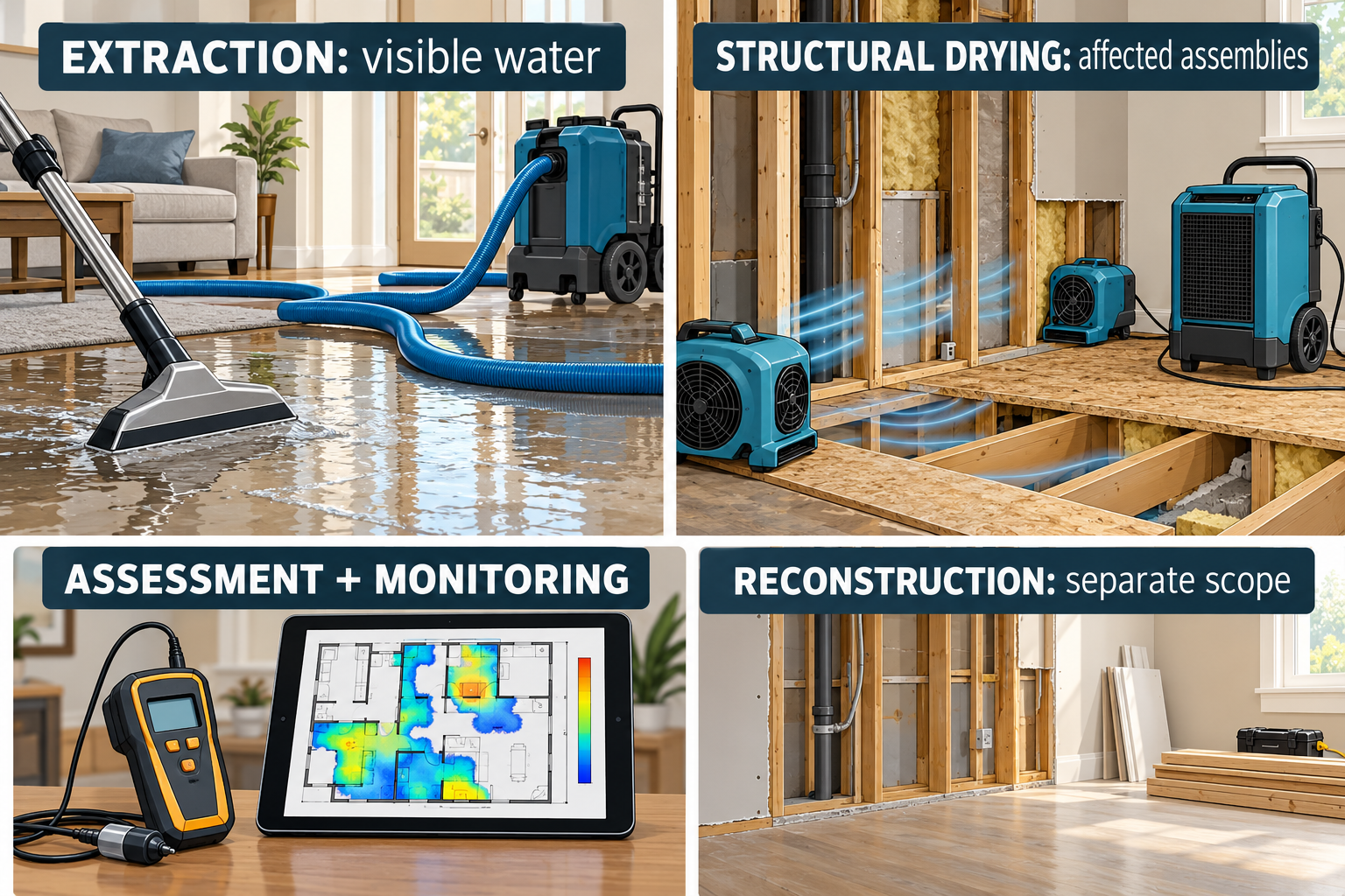 The difference between extracting visible water, assessing and drying affected assemblies, and later reconstruction