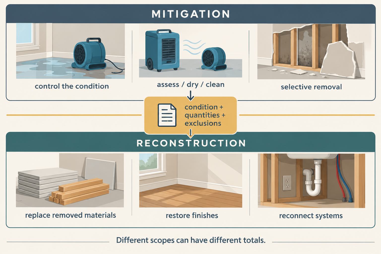 Comparison of mitigation and reconstruction scopes, joined by a documented condition and quantity handoff