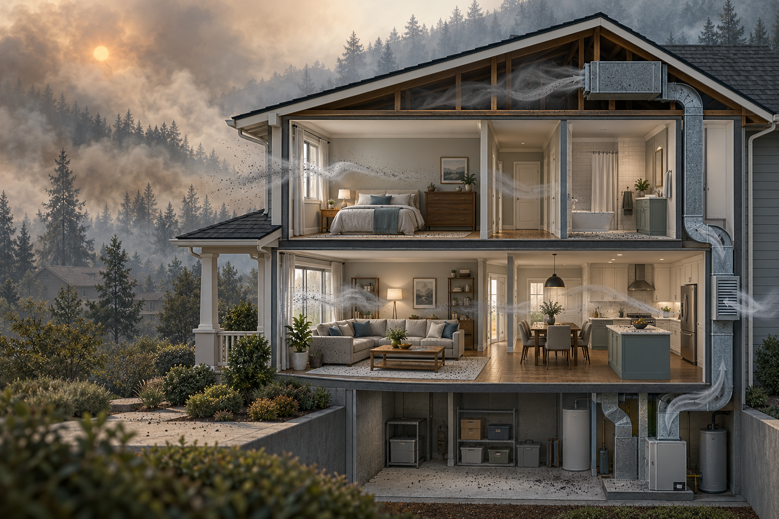 Cutaway showing wildfire smoke entering an intact home through openings and ventilation paths