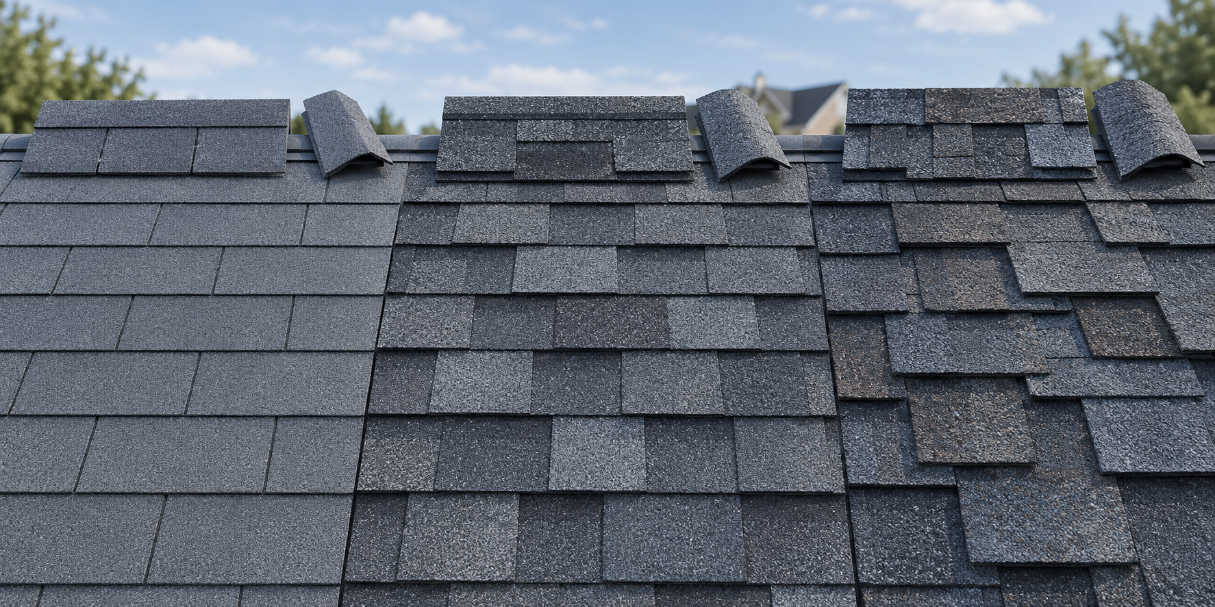 Three unlabelled asphalt shingle profiles show differences in texture and dimensional appearance without implying a performance ranking.
