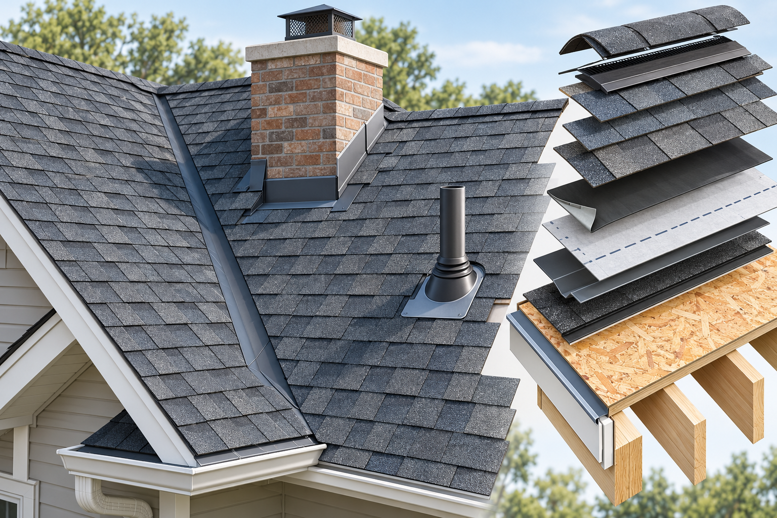 An asphalt roof assembly includes shingles and ridge, valley, chimney, and pipe-penetration details over underlayment and roof decking.