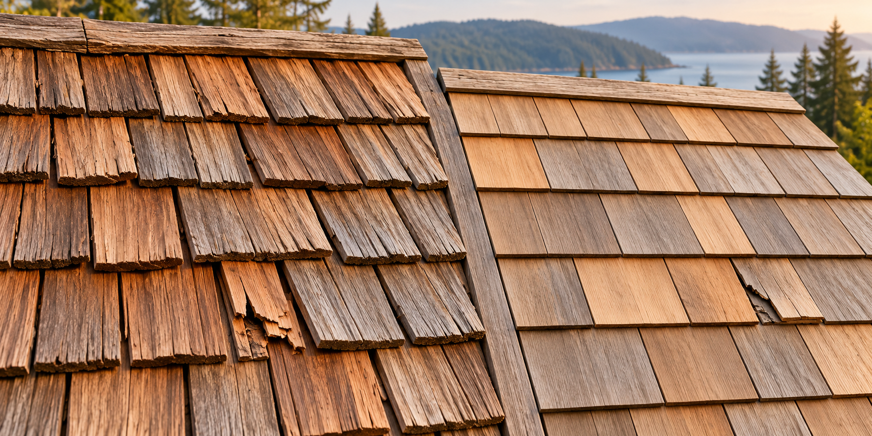 Weathered cedar shakes and smoother wood shingles have different profiles; a localized split unit contrasts with intact surrounding material.