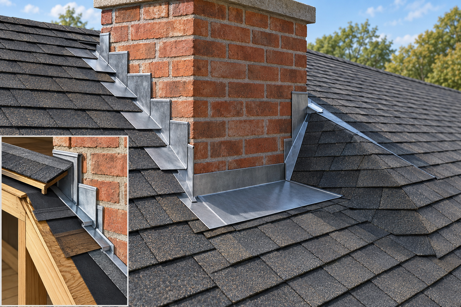 Layered chimney flashing meets roof covering at the side and upslope transitions, with a cutaway of the concealed interface.