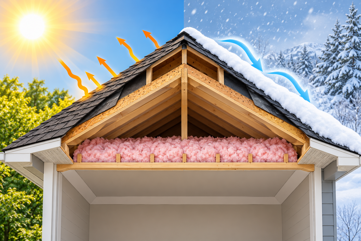 A house roof in summer sun and winter snow illustrates how roof reflectance and attic insulation interact with climate.