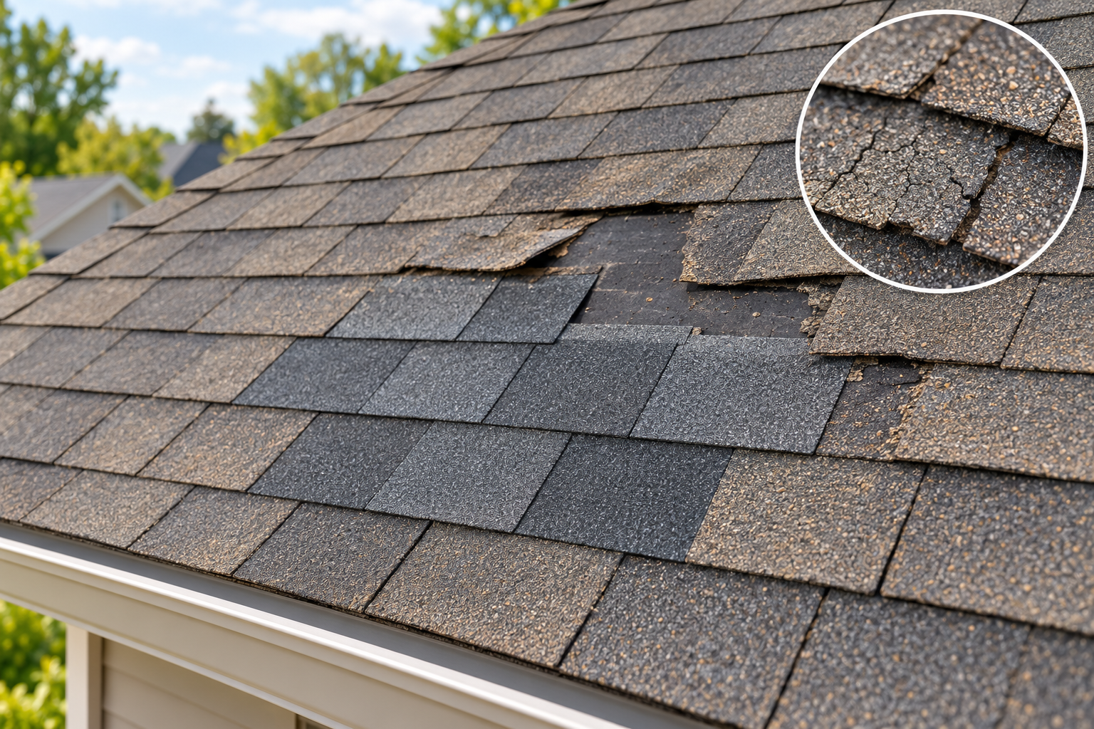 A localized missing-shingle area sits within a larger roof, with a close-up of aged surrounding shingles that can affect repair scope.