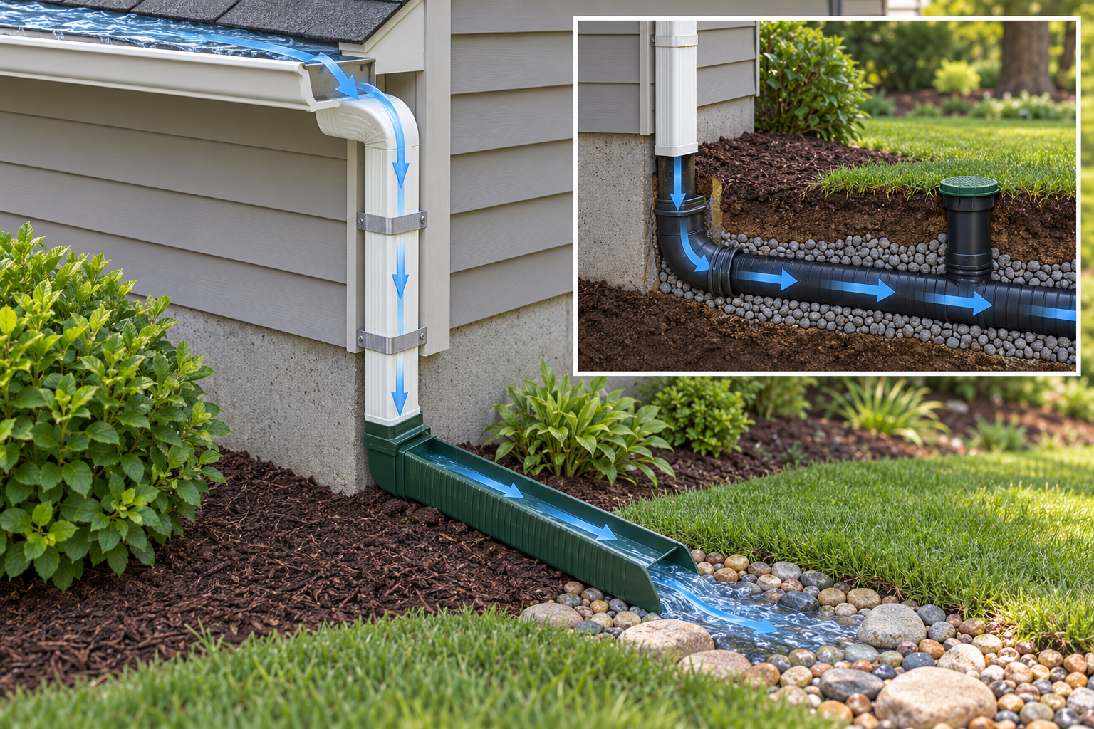 A downspout carries roof runoff through an above-ground extension, while a buried route depends on accessible drainage connections.
