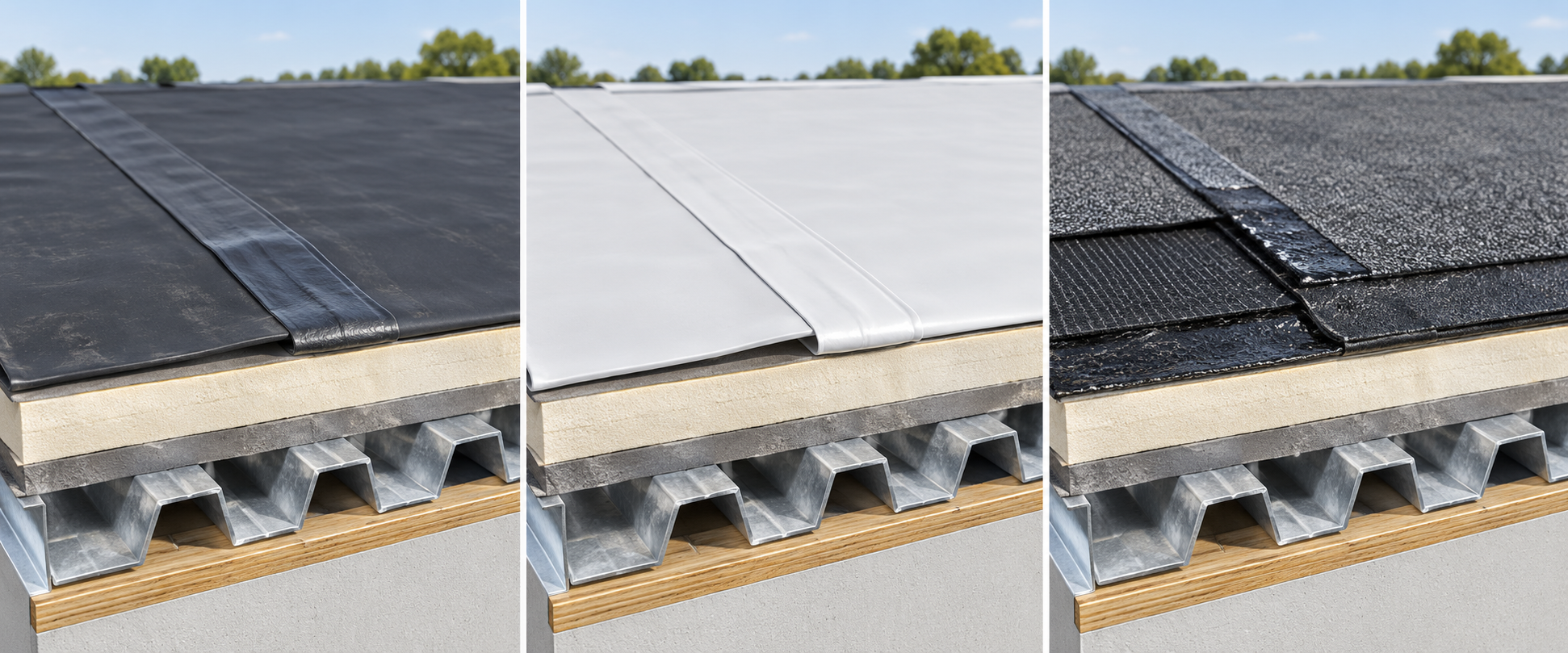 EPDM, TPO, and modified-bitumen low-slope roof samples show different membrane/seam approaches above a comparable base assembly.