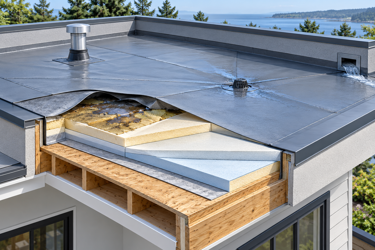A low-slope roof cutaway shows membrane, insulation, tapered drainage toward outlets, parapet edges, and a localized wet area.