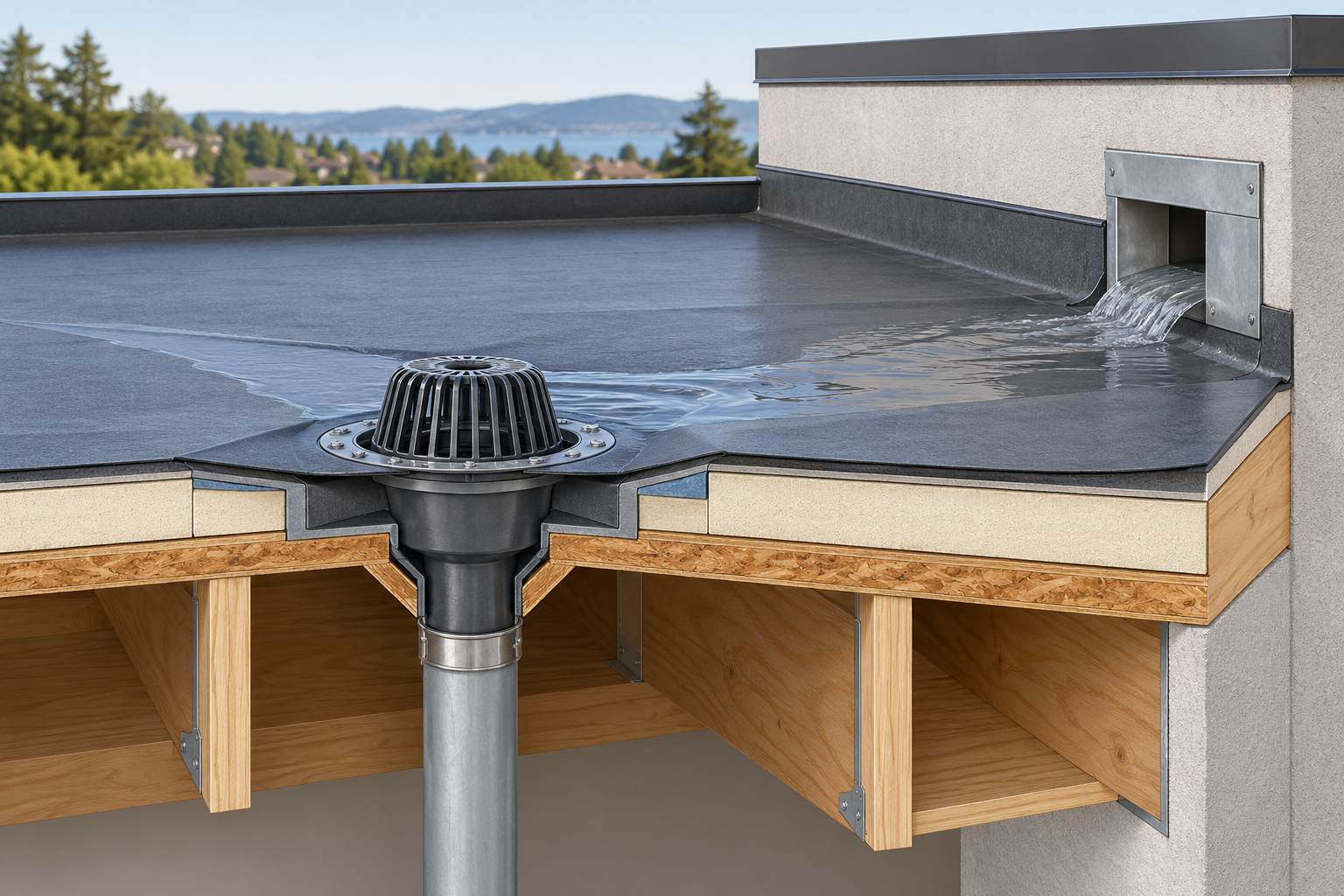A low-slope roof directs water toward a membrane-integrated drain while a separate scupper provides an overflow route.