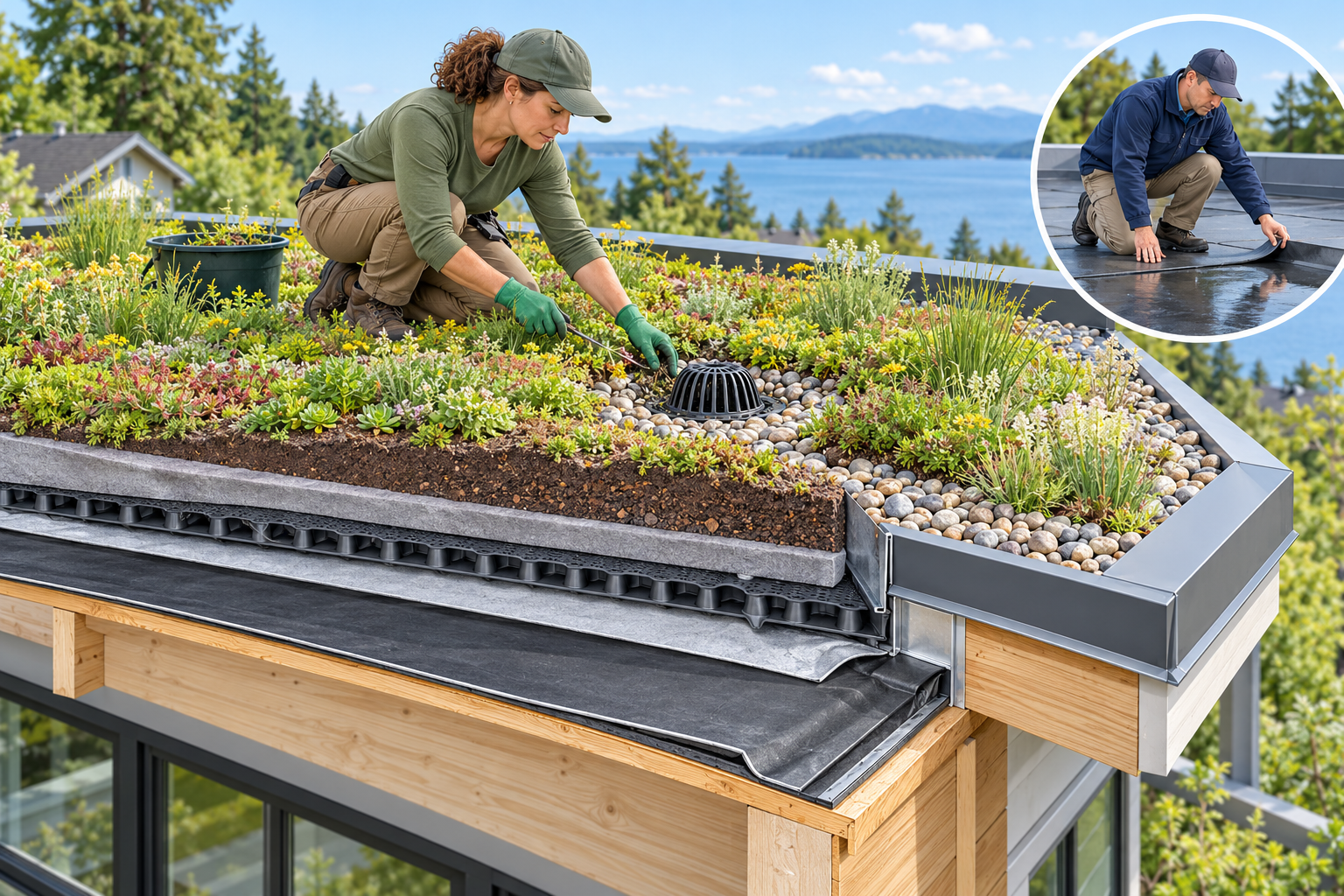 Vegetation and growing medium sit above drainage and waterproofing layers, with a clear drain and separate roof-leak assessment inset.