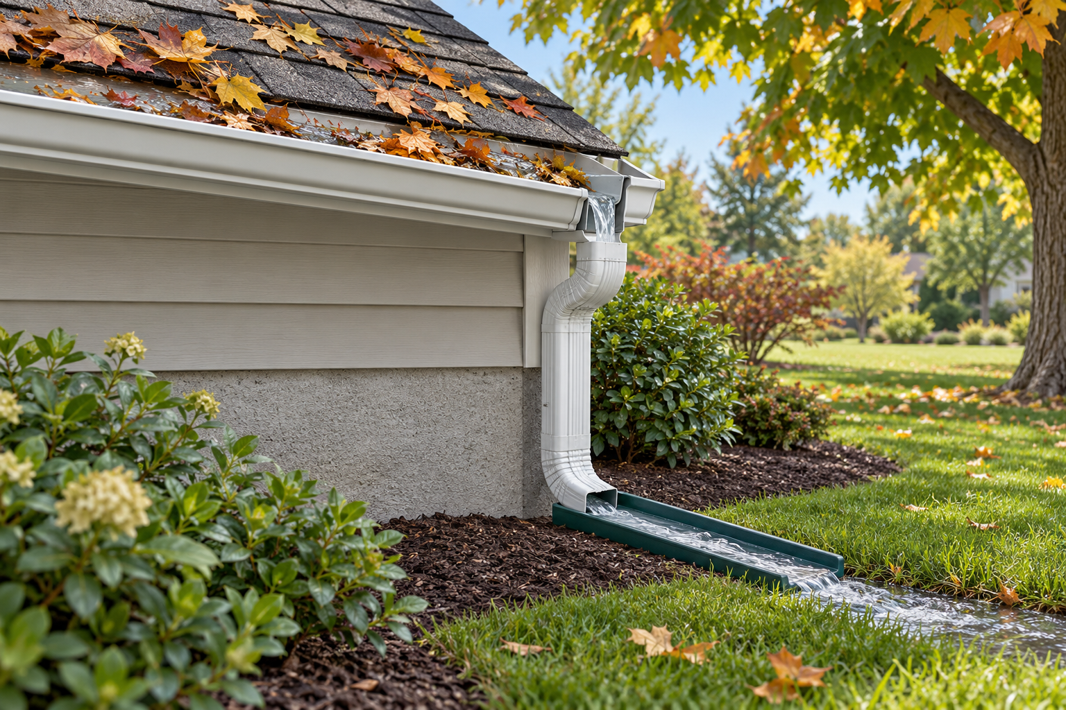 Leaves obstruct a gutter as water overflows near the outlet while a downspout carries discharge away from the foundation.