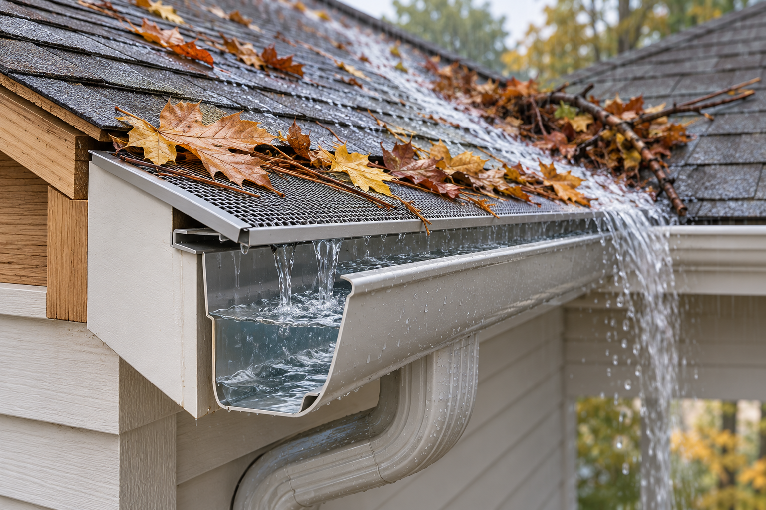 A mesh gutter guard keeps some broad leaves out while concentrated rain can still spill over the edge.