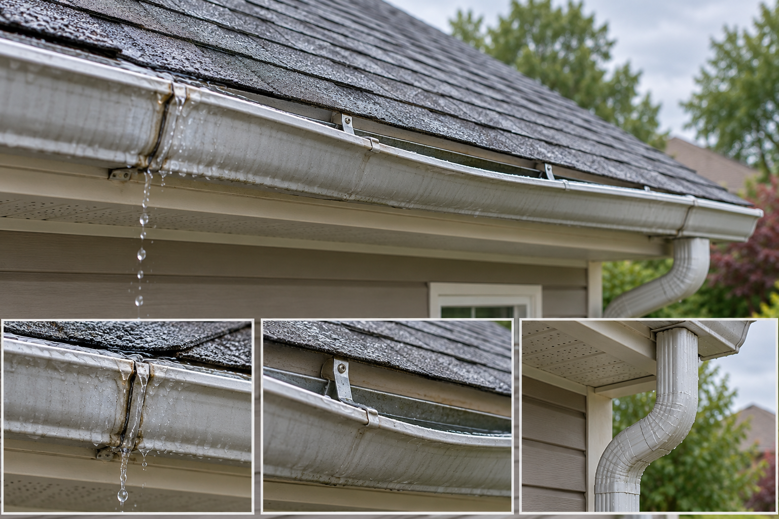 A leaking gutter joint, loose hanger, and downspout illustrate distinct repair points along a roof drainage run.