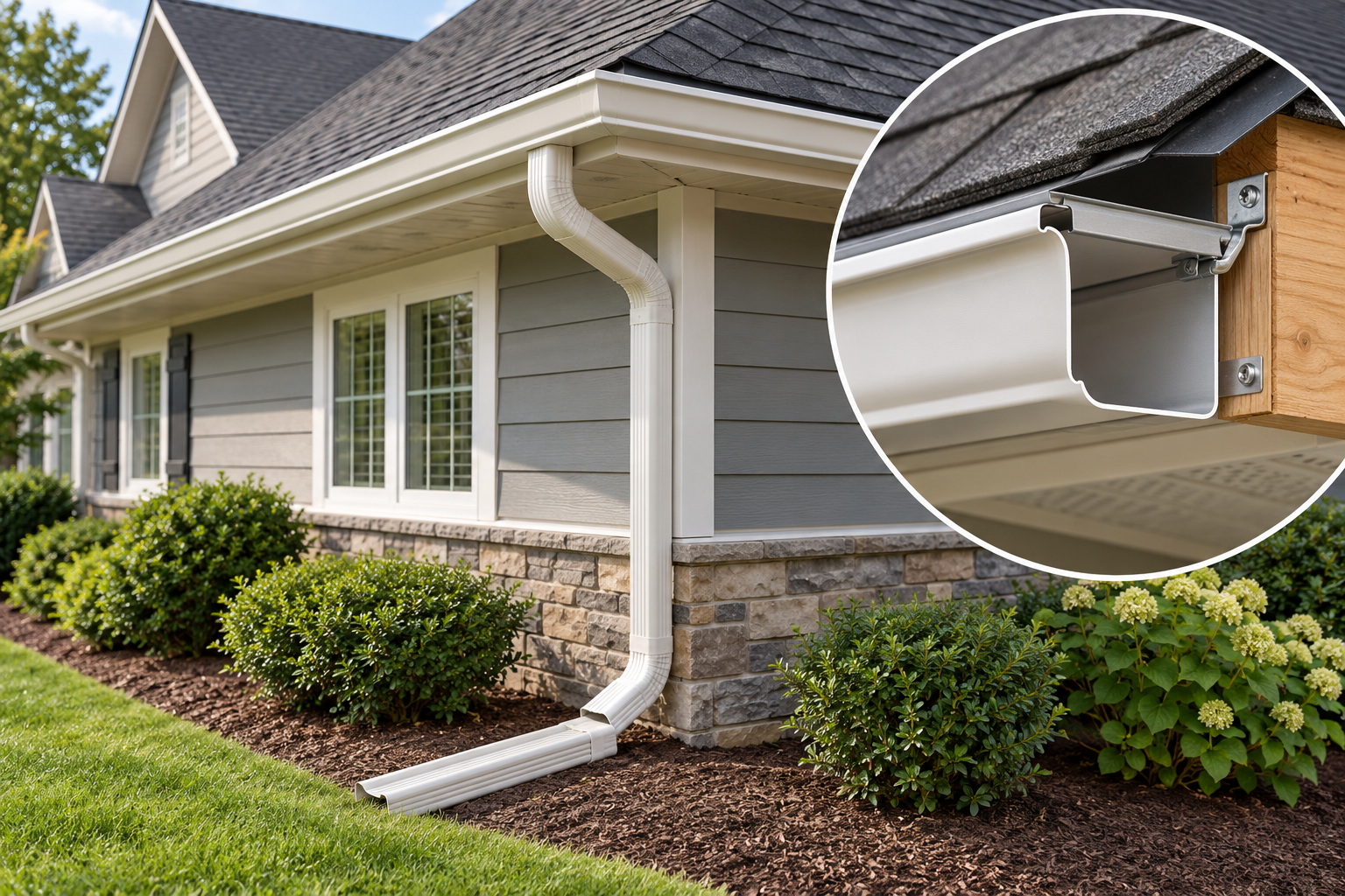 A completed gutter run shows the roof-edge attachment, downspout, and extension that carry water away from the home.