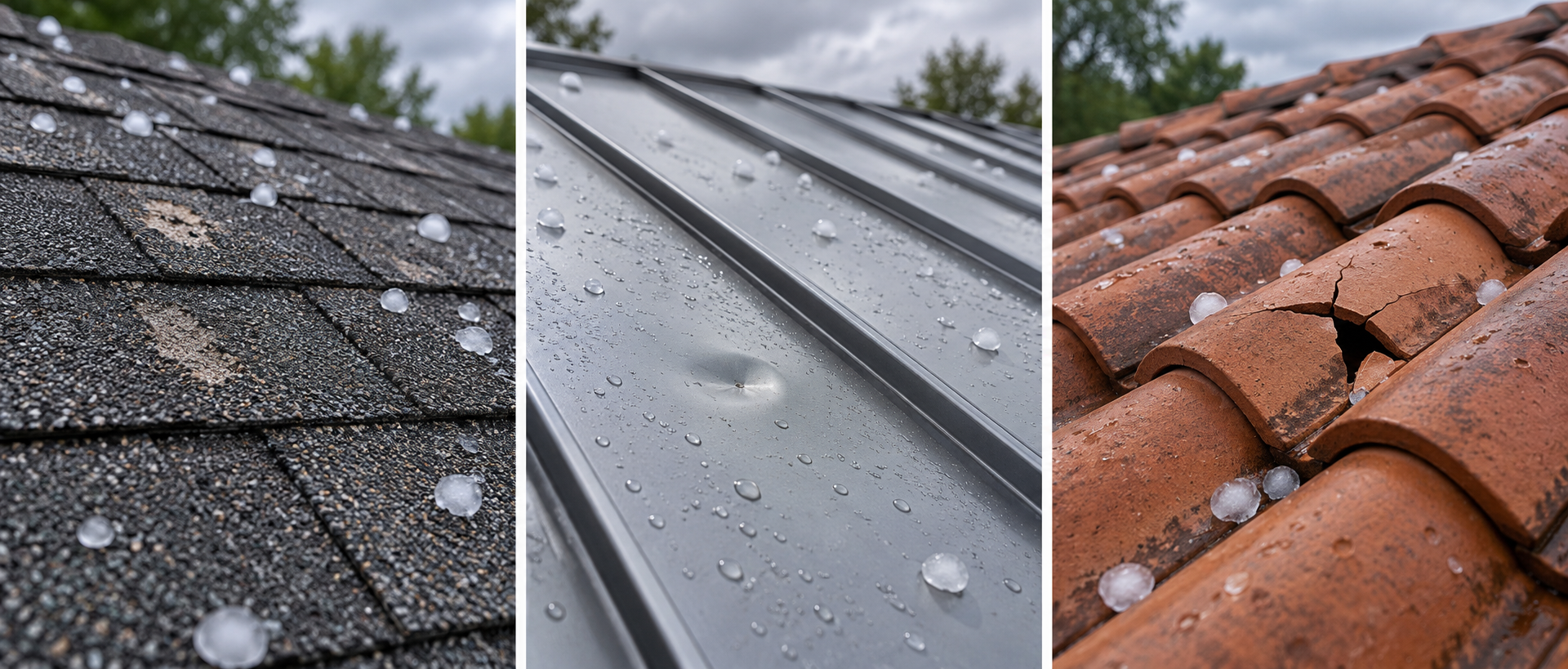 Hail effects differ across asphalt shingles, metal panels, and tile; visible marks need material-specific assessment.