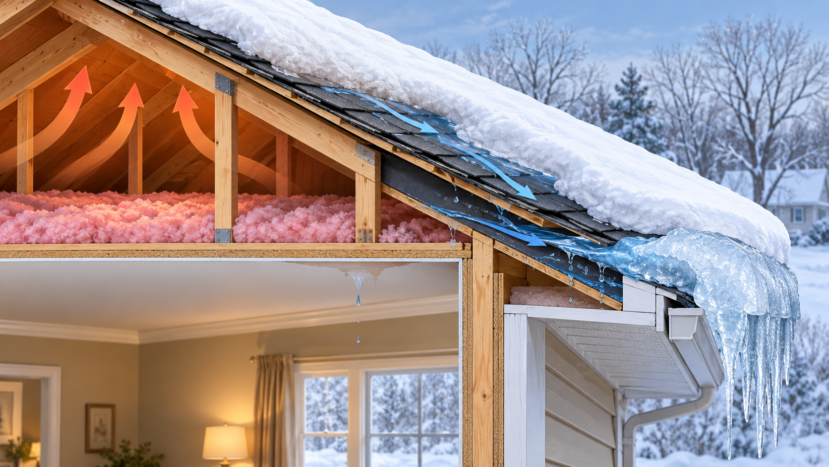 Attic heat melts snow higher on the roof; meltwater refreezes at the cold eave and can back up beneath the covering.