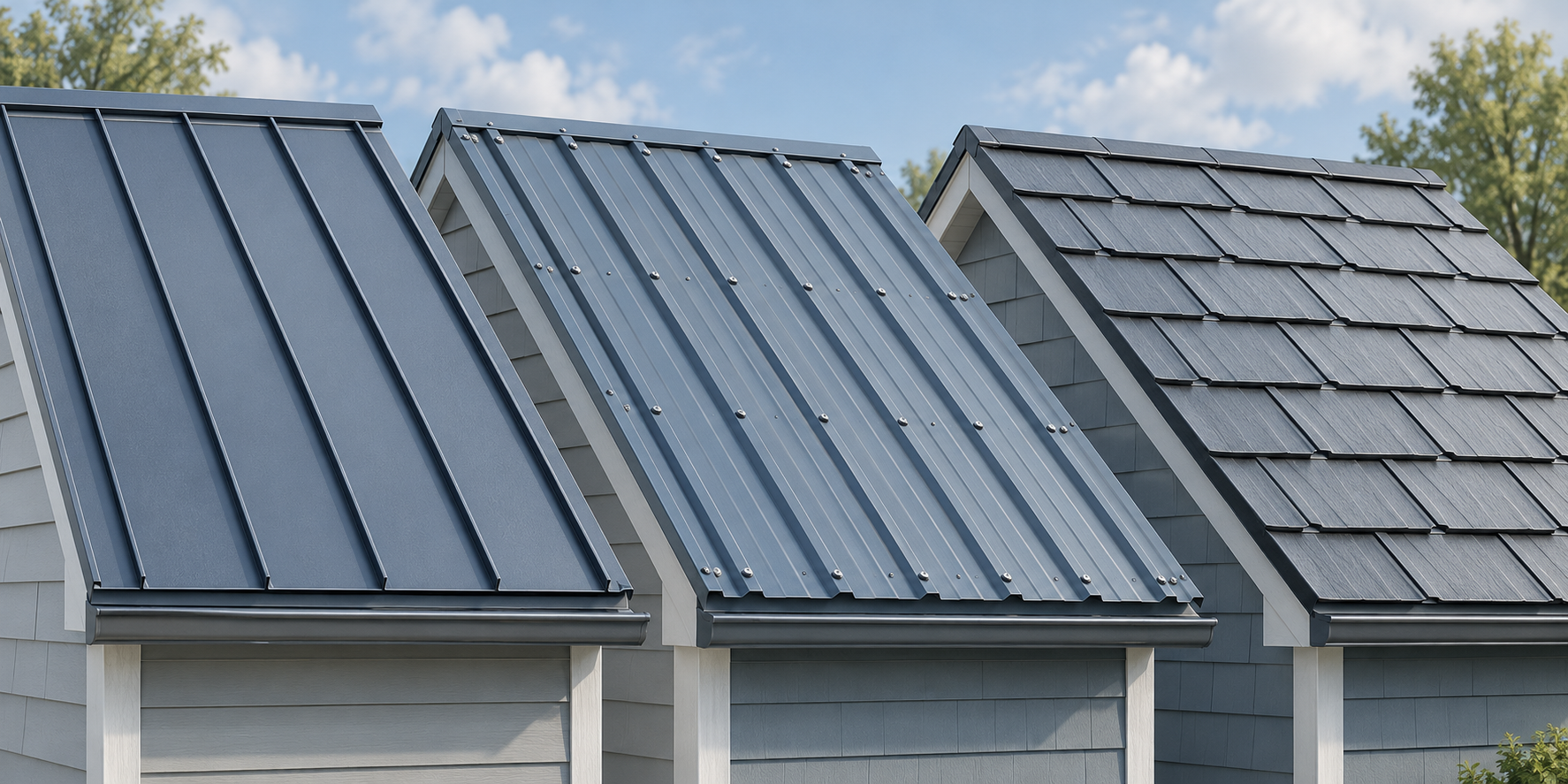 Standing-seam panels, exposed-fastener panels, and interlocking metal shingles show distinct metal roofing systems.