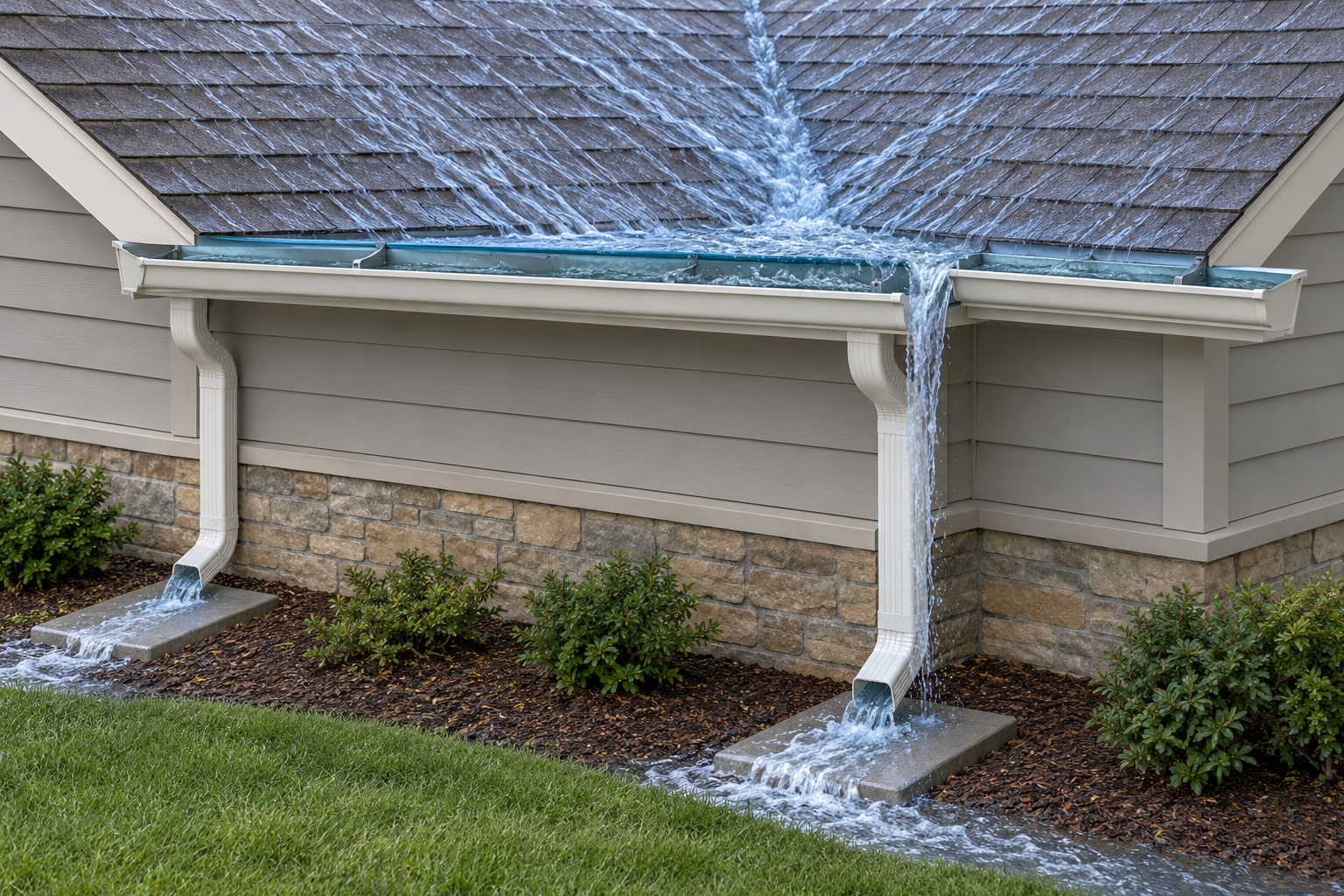 A roof valley concentrates runoff into a gutter run where outlet placement affects how water is carried away.
