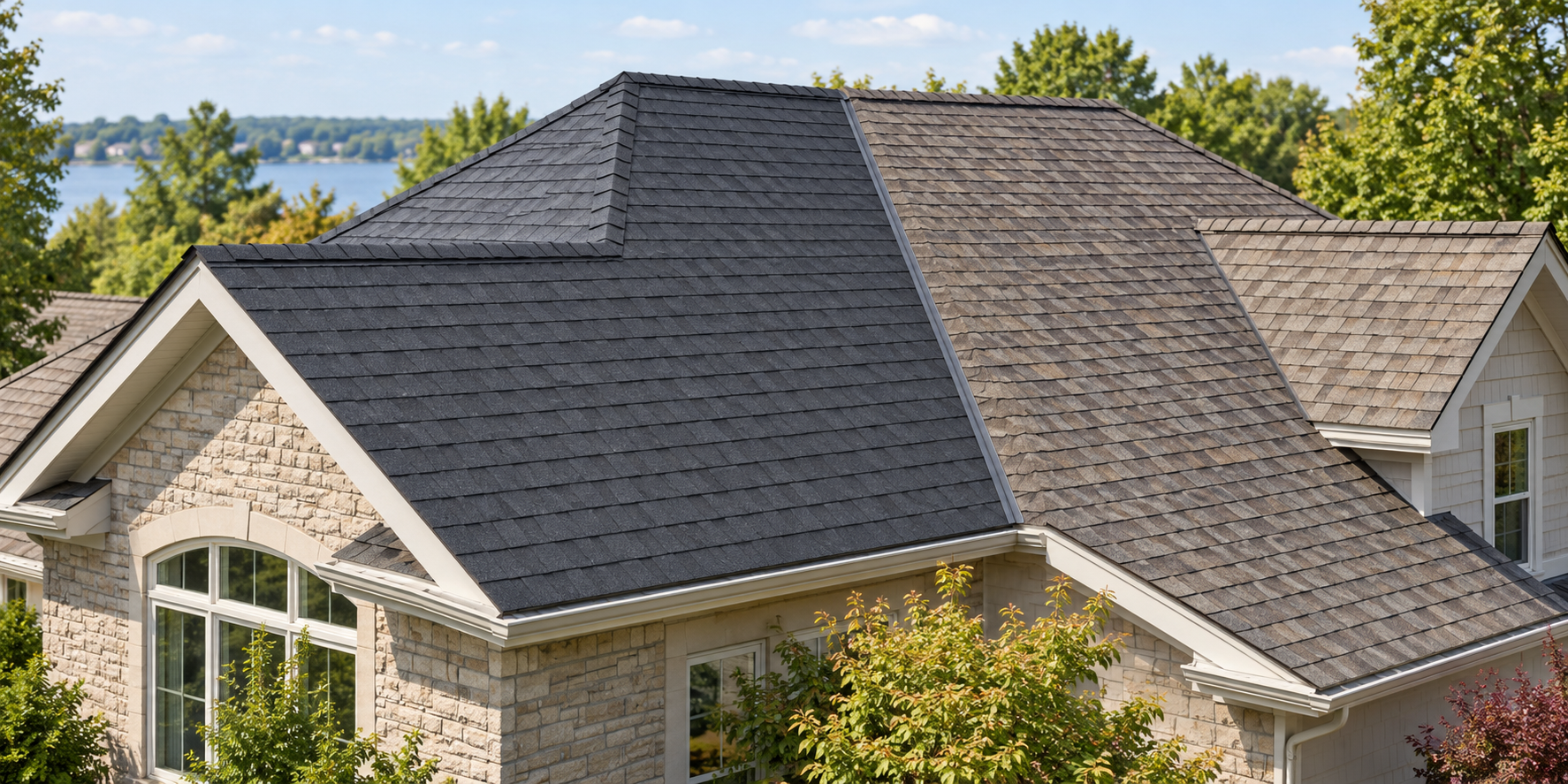 One roof slope has a new covering while adjacent older sections remain, making the natural boundary and transition visible.