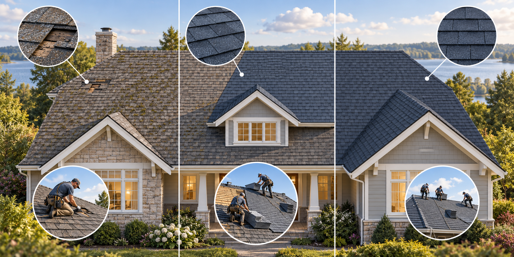 A roof comparison shows a localized repair, a bounded slope replacement, and a complete reroof as distinct project scopes.