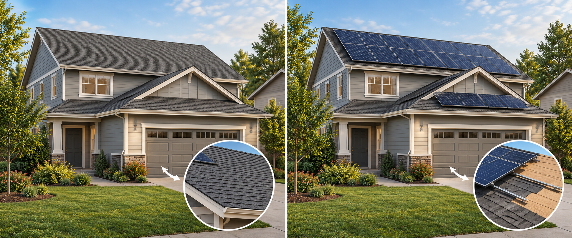 Two homes illustrate the roof-first and solar-first timelines, including later roof access beneath an existing array.