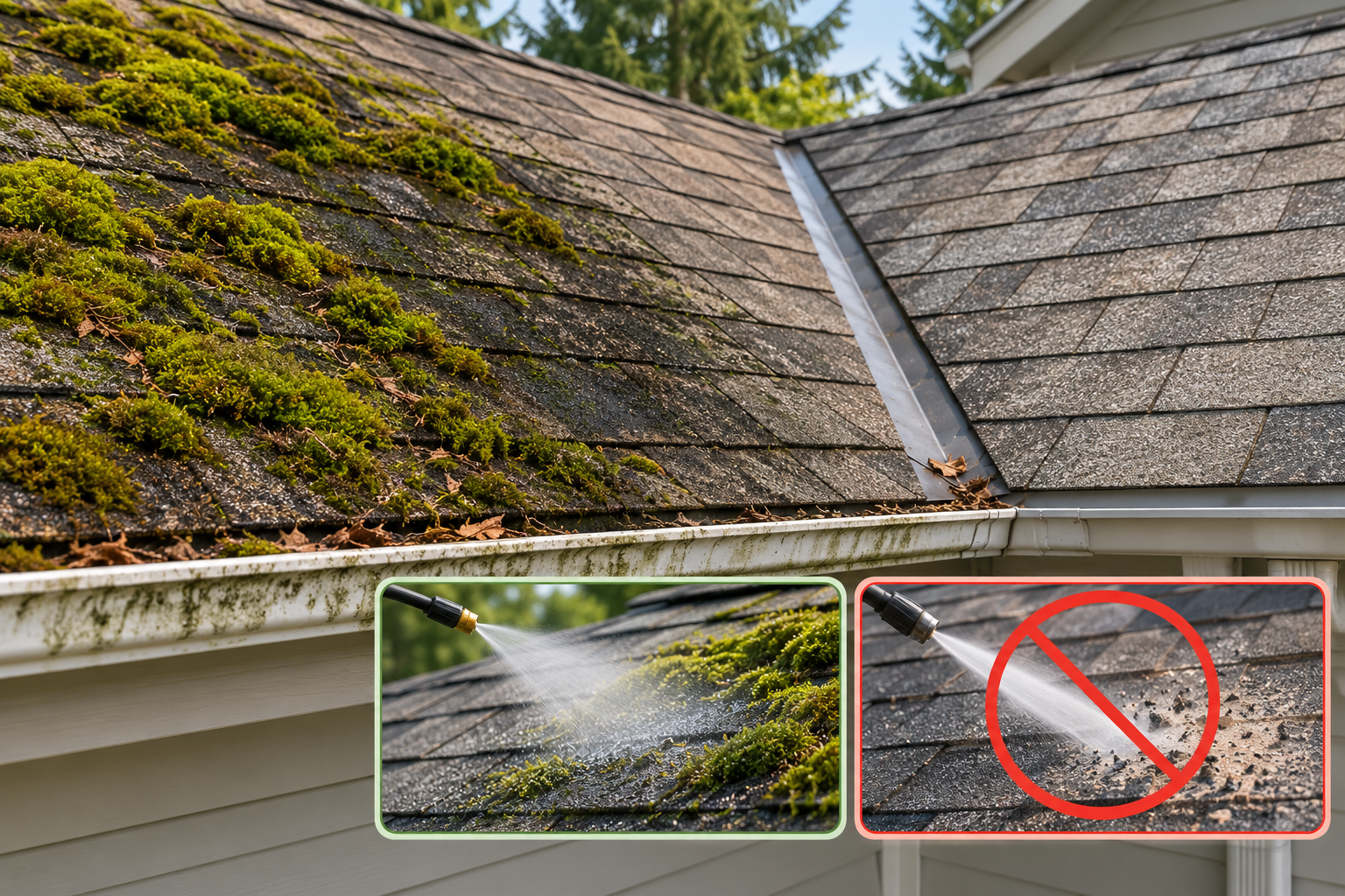 A moss-covered roof beside a comparison of gentle targeted treatment and a high-pressure spray that can damage roofing surfaces.