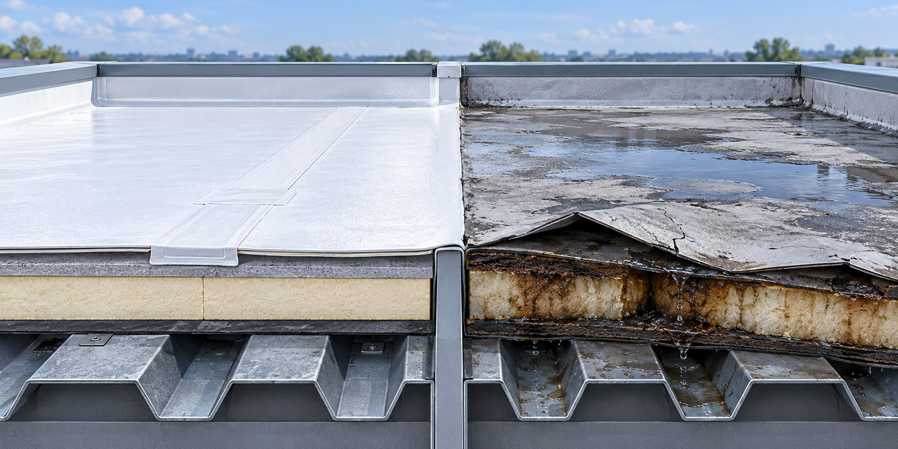 A sound dry roof section is eligible for coating, while a failing membrane over wet insulation needs broader work first.