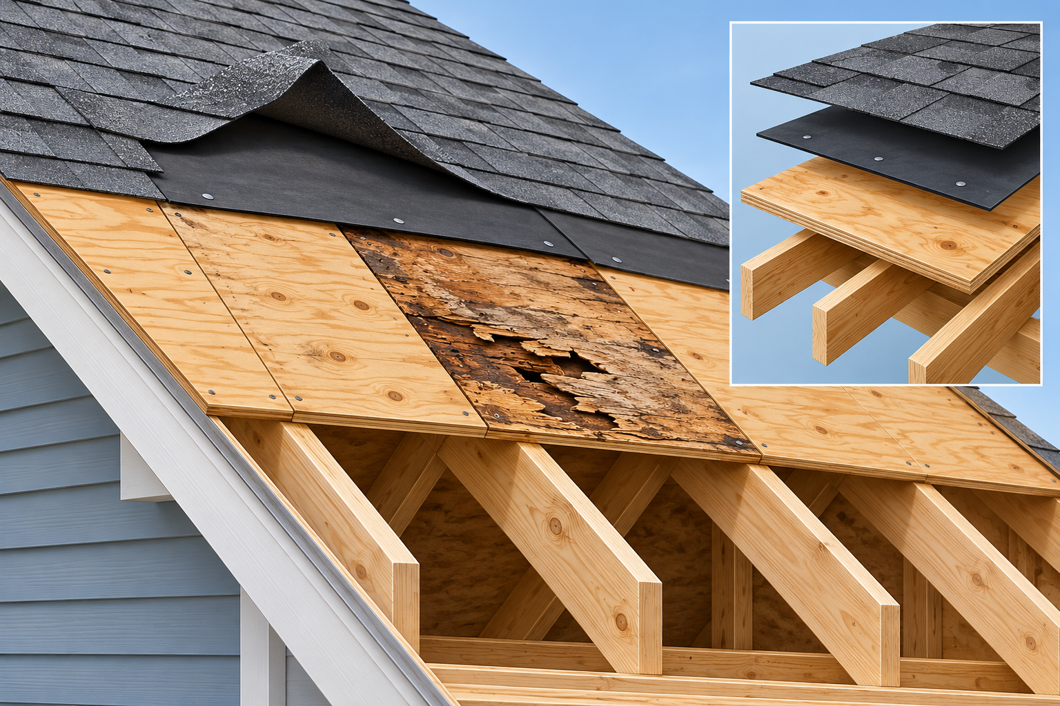 A roof section reveals sound and water-damaged sheathing after the covering and underlayment are lifted, exposing hidden deck conditions.