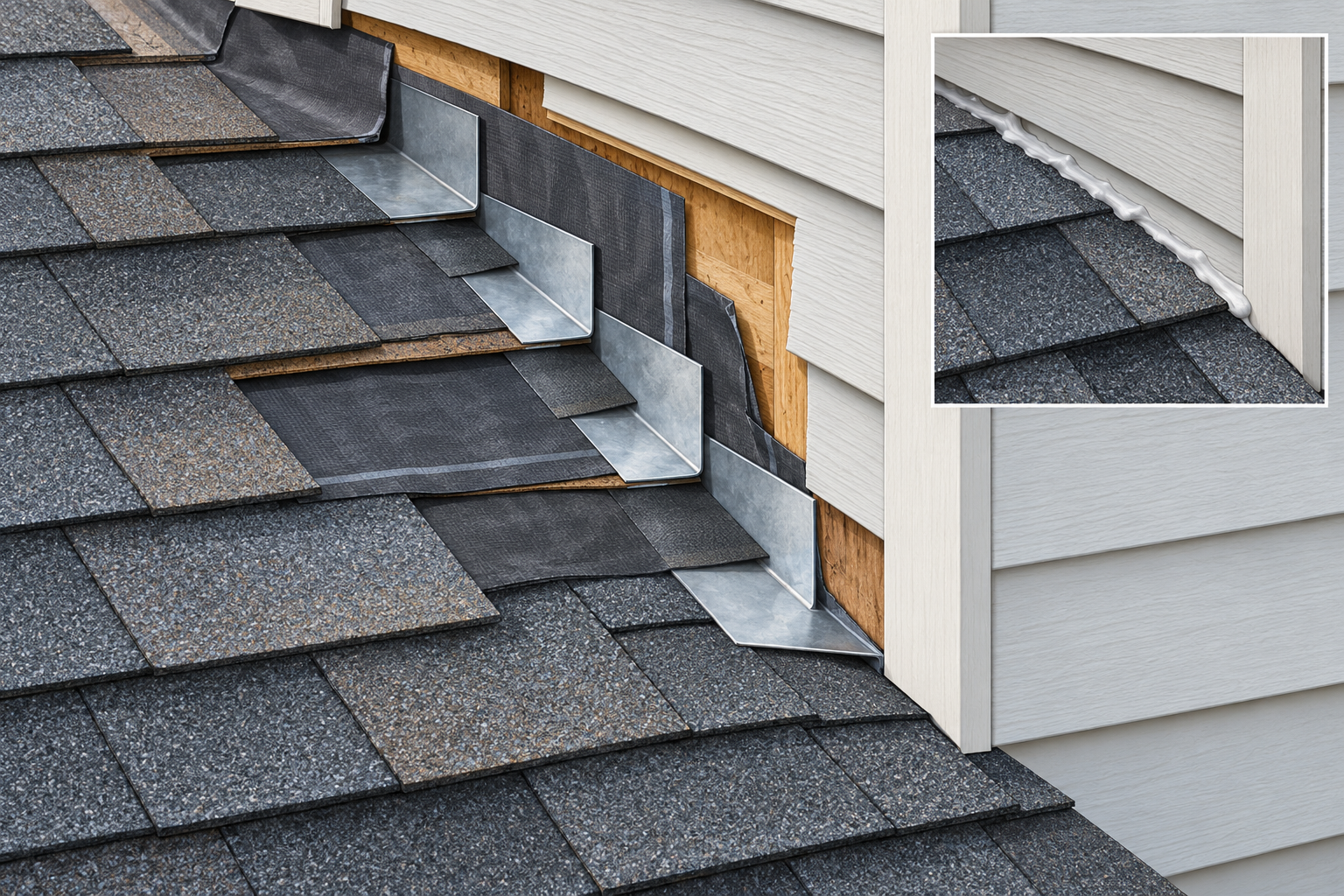 Step flashing is layered course by course at a roof-to-wall junction; surface caulk alone may leave a concealed water path unresolved.
