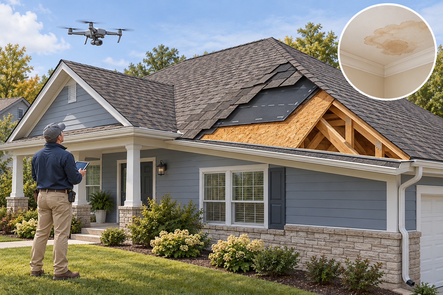 An inspector and drone examine visible roof surfaces while a cutaway shows concealed roof layers; a ceiling stain illustrates a separate leak question.