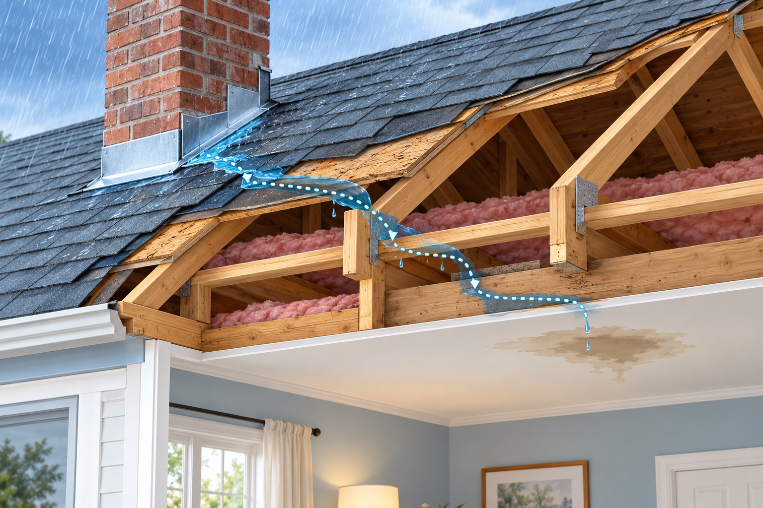 Water entering near chimney flashing travels through concealed roof and framing layers before appearing as a ceiling stain elsewhere.