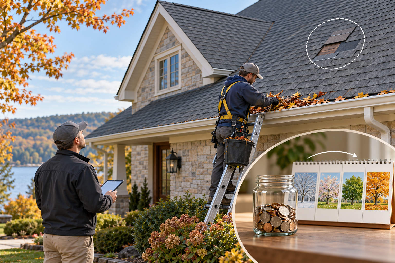 Roof maintenance combines condition checks and drainage care, while repairs remain contingent and a reserve can carry forward through quiet years.
