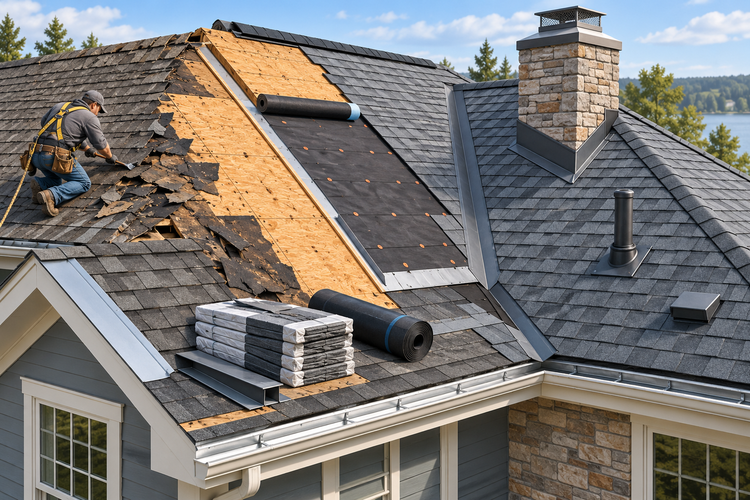 A reroof exposes roof decking and underlayment alongside finished shingles, valleys, chimney flashing, and vent penetrations.