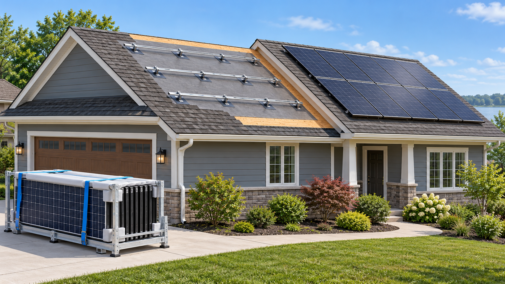 Solar panels are staged in a secured rack while reroofing restores the roof surface and mounting details before the array is reinstalled.