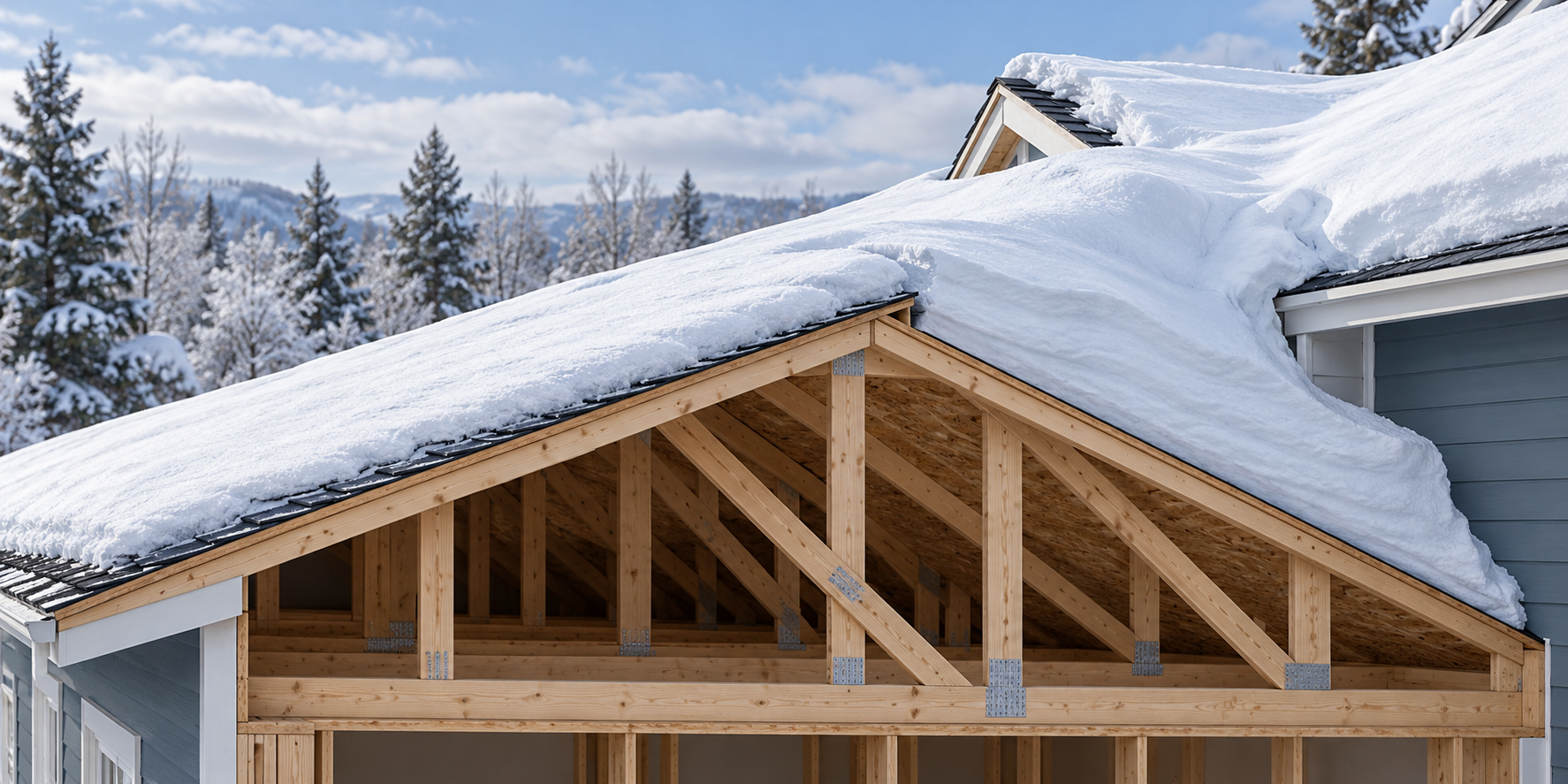 A roof cutaway shows wind-drifted snow concentrated at a roof transition above visible framing, illustrating why depth alone cannot establish load.