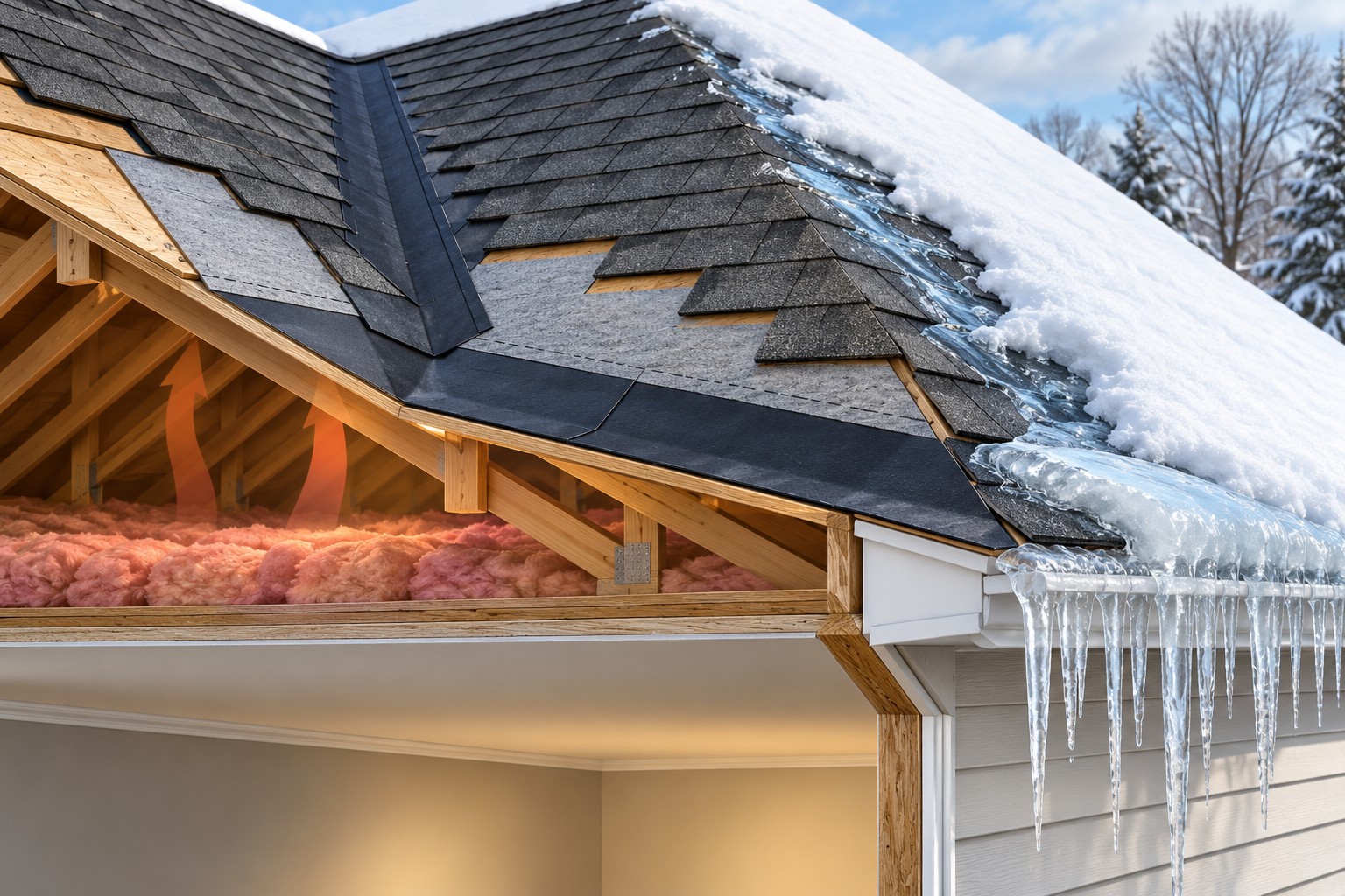 A roof cutaway shows underlayment and eave membrane as backup protection beneath shingles while attic heat and air leakage remain separate ice-dam factors.
