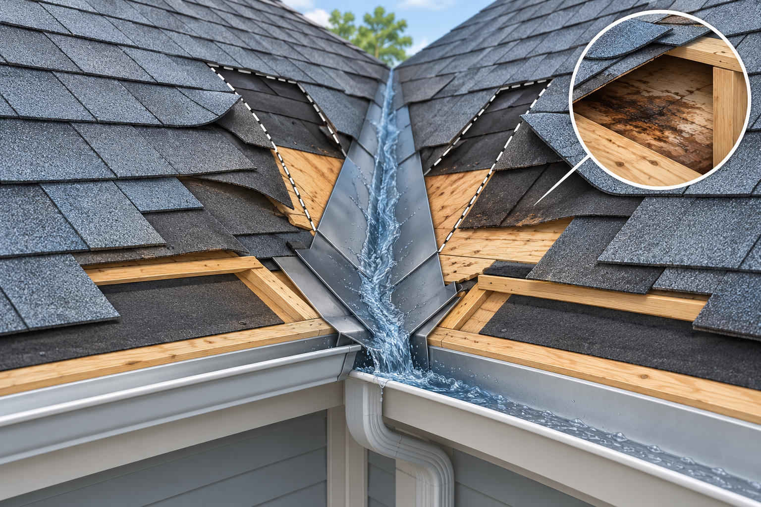 A roof valley channels water between two slopes; the opened area exposes the liner and concealed decking relevant to repair scope.