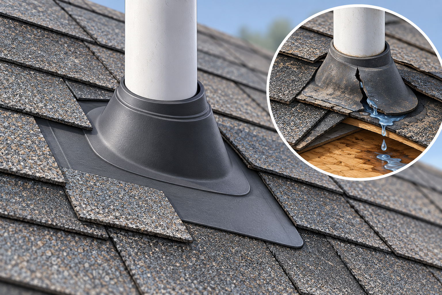 A roof vent pipe passes through a properly integrated boot, with a close-up of a cracked boot showing a possible water-entry path.