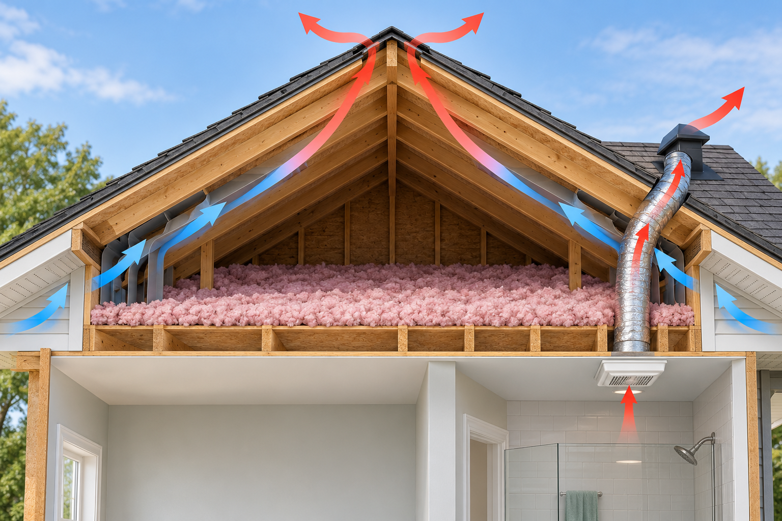 A cutaway shows soffit intake feeding a connected attic path to the ridge, with a separate bathroom exhaust duct terminating outdoors.