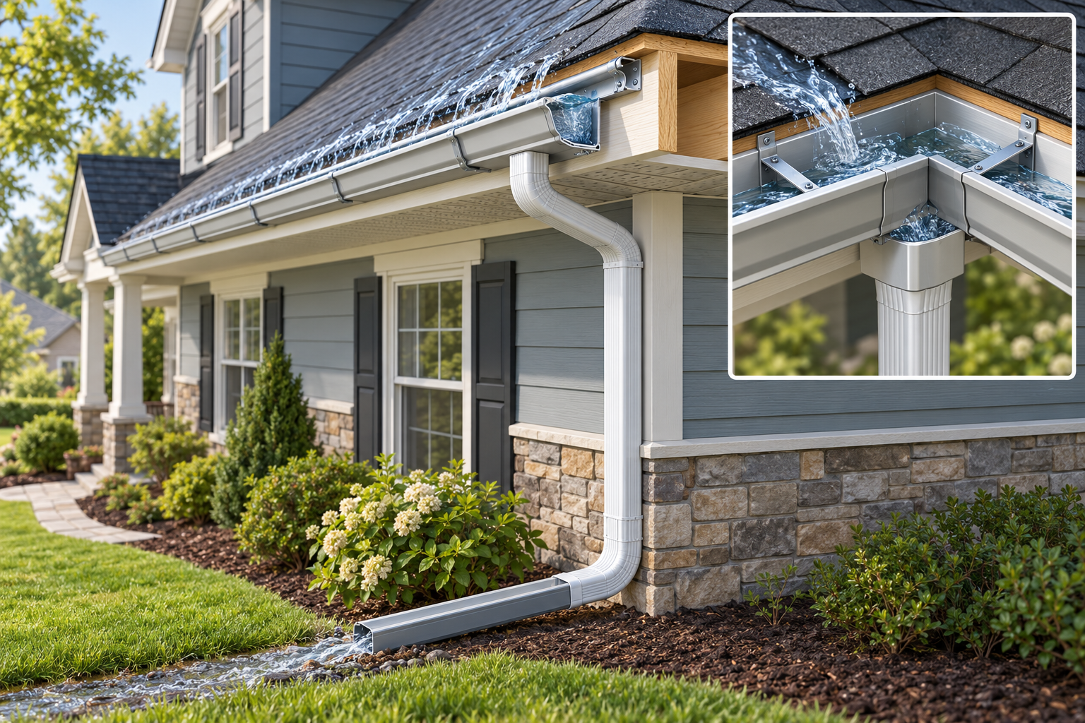 A long seamless gutter run and a sectional gutter joint show the different fabrication and service points.