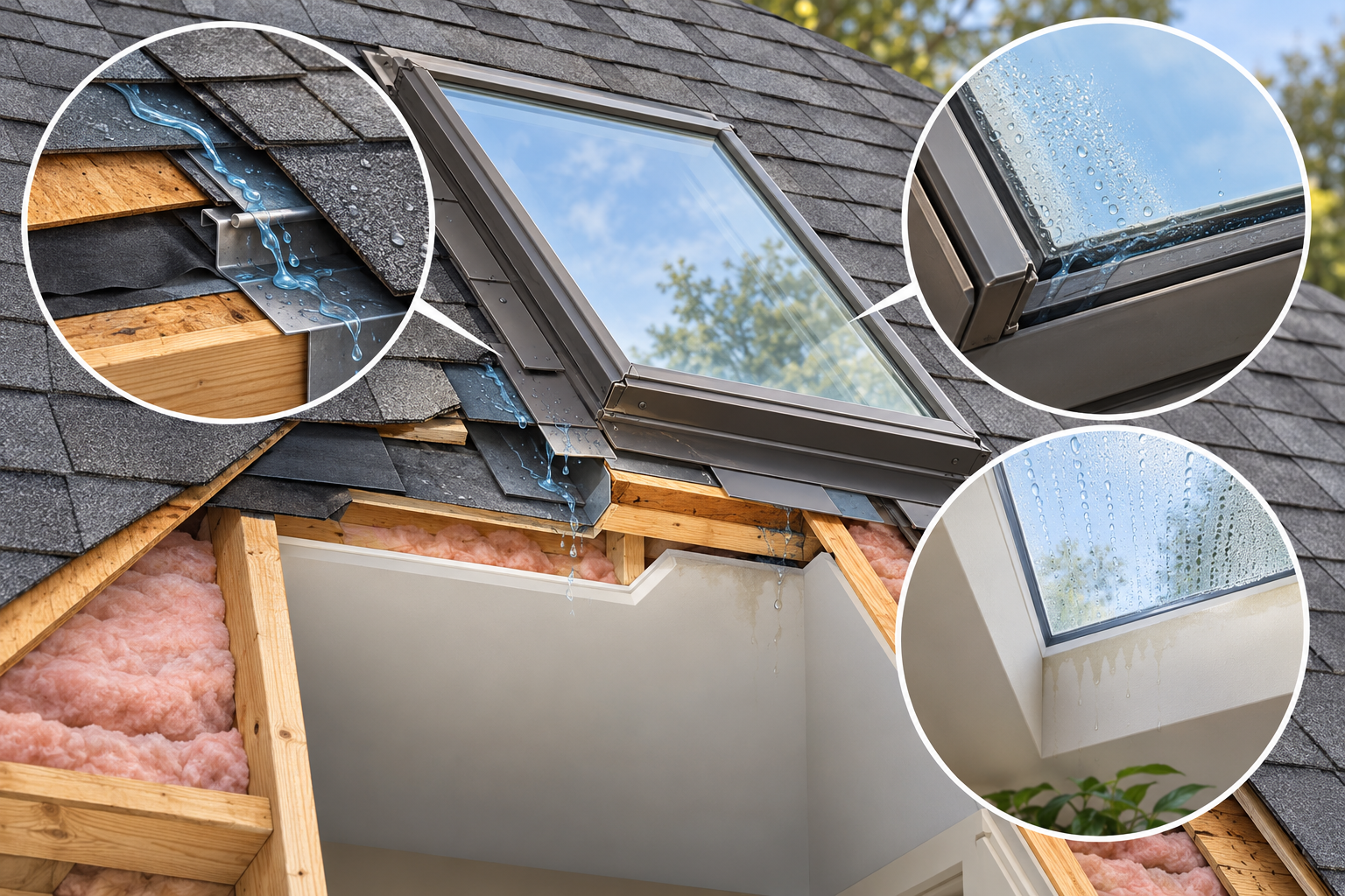 A skylight cutaway distinguishes a roof-flashing water path, a unit-seal concern, and interior condensation.