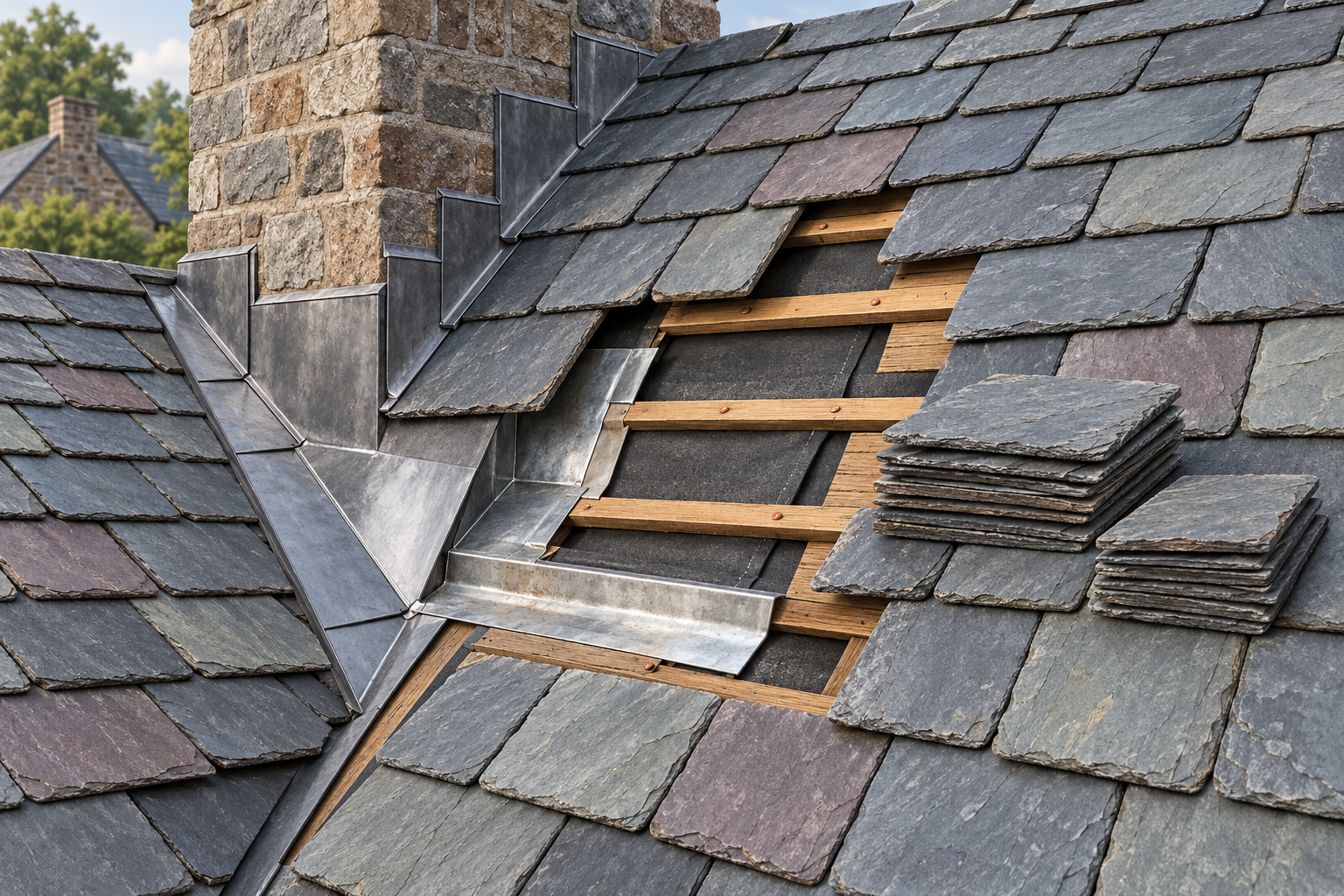 Carefully lifted slate is set aside while concealed underlayment and flashing are evaluated separately from the slate field.