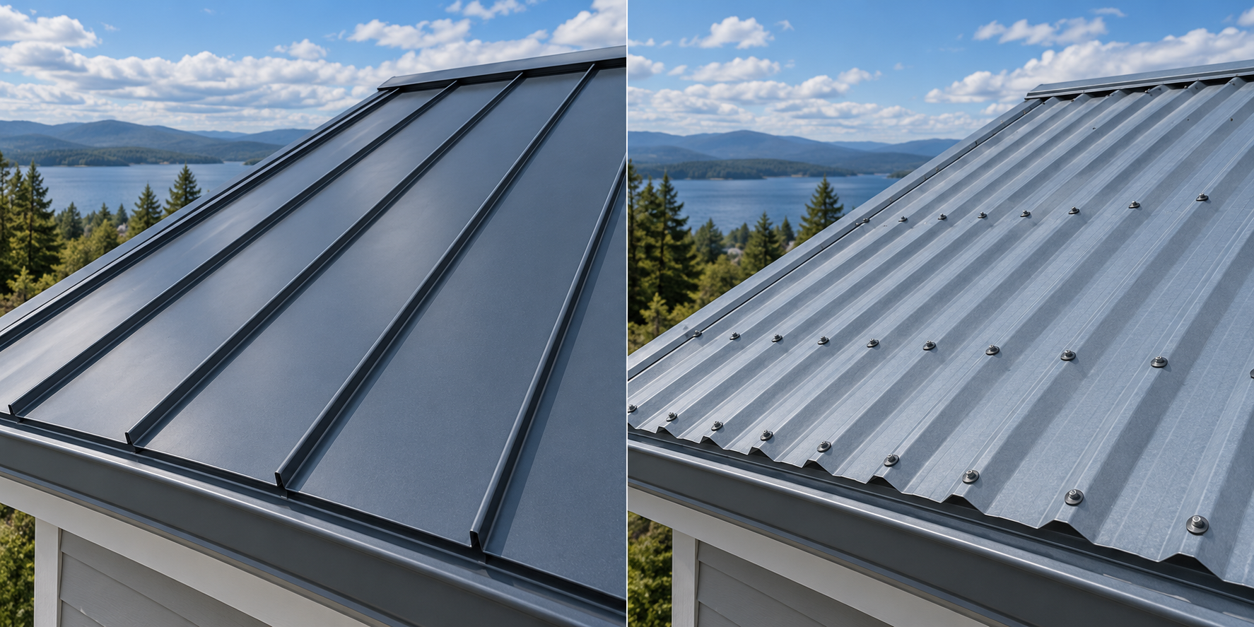 Standing-seam panels use raised seams without exposed field fasteners, while exposed-fastener panels show their surface fasteners.