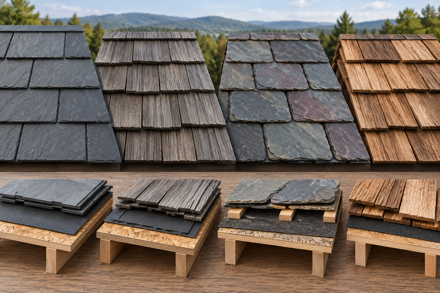 Slate-look and shake-look roofing samples show how similar appearances can come from distinct products and assemblies.