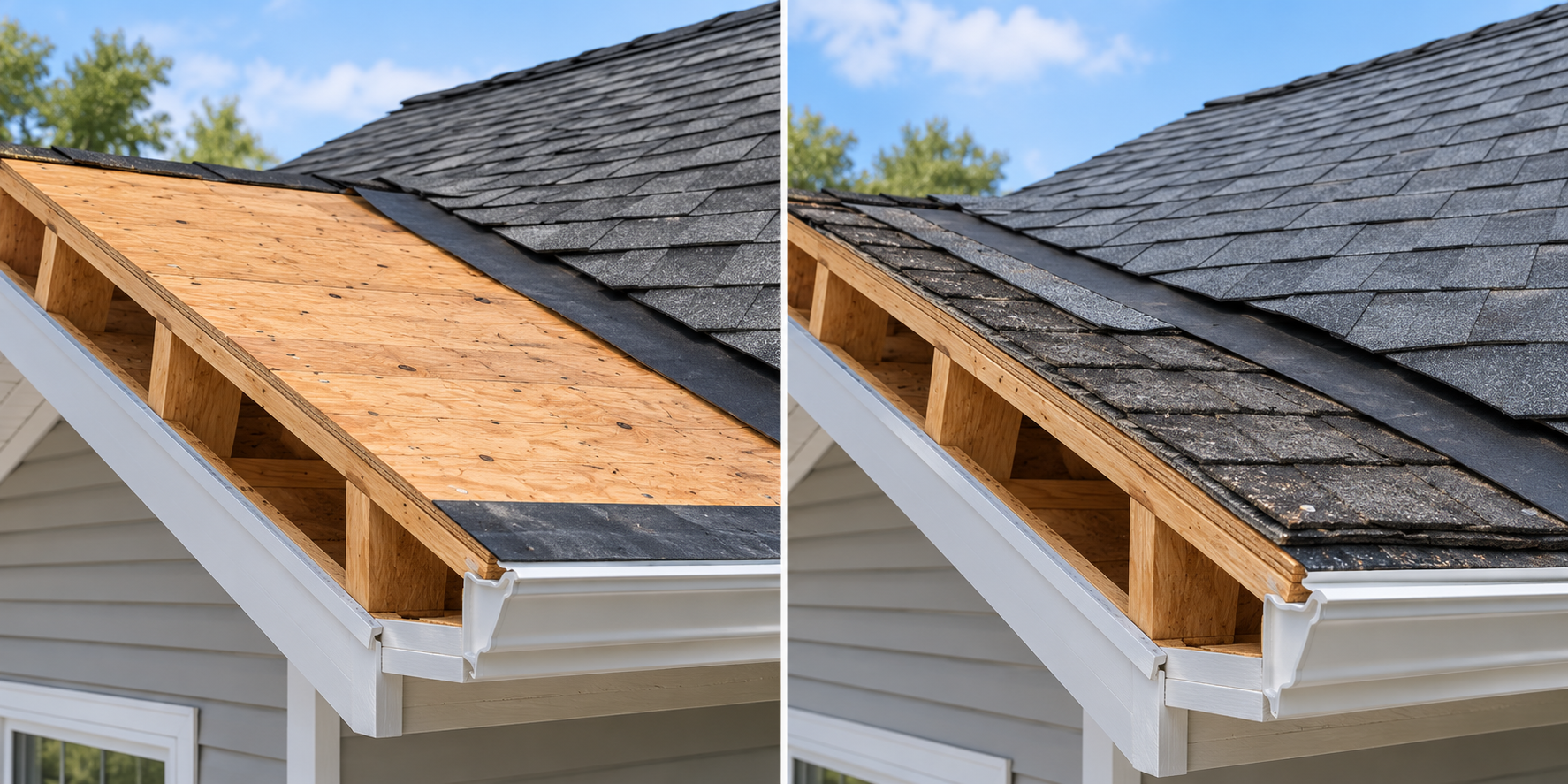 Side-by-side roof sections show tear-off exposing the deck and a recover retaining one existing layer beneath the new covering.