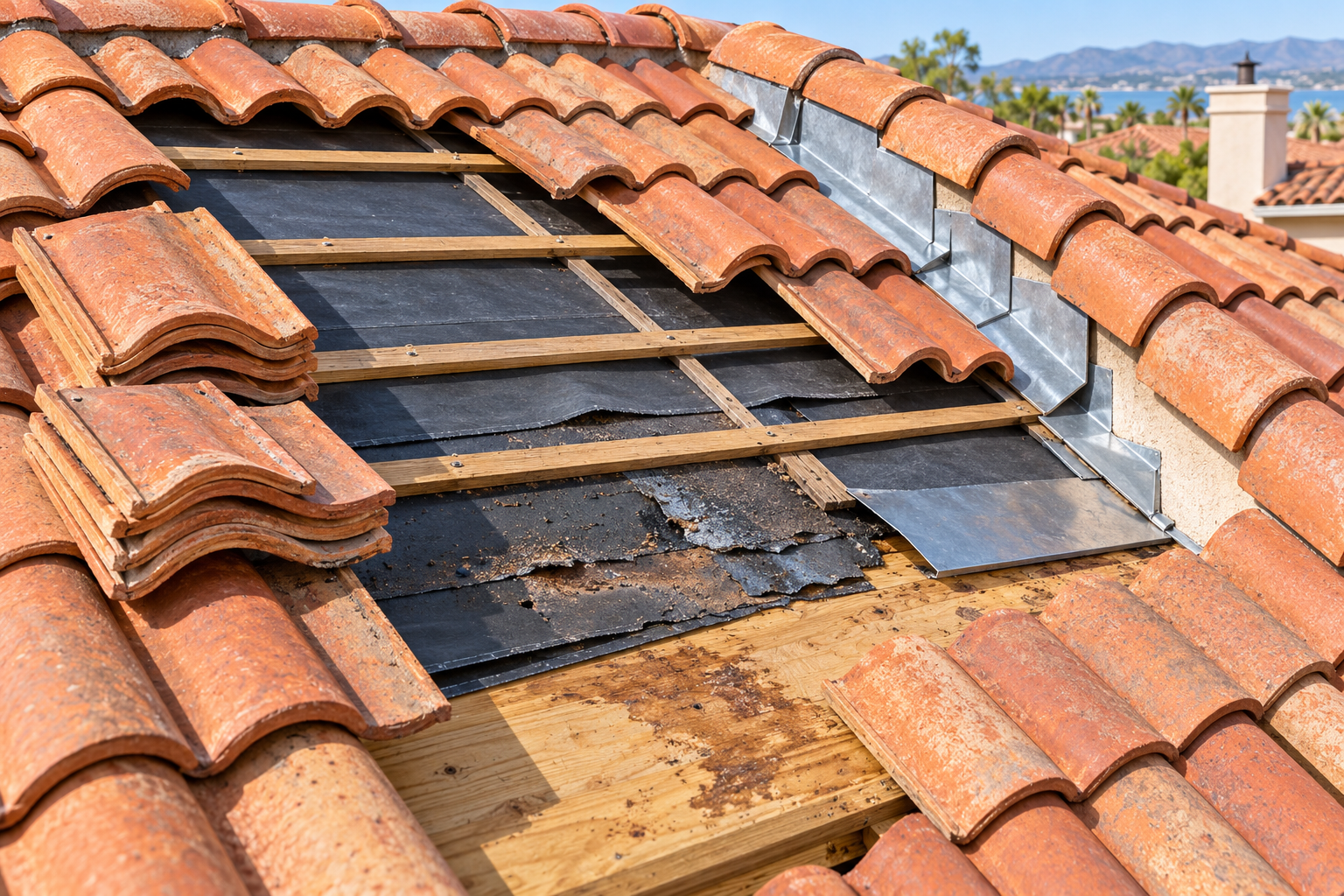 Clay tiles lifted from a roof reveal underlayment, battens, flashing, and deck that may need separate evaluation from the tile surface.