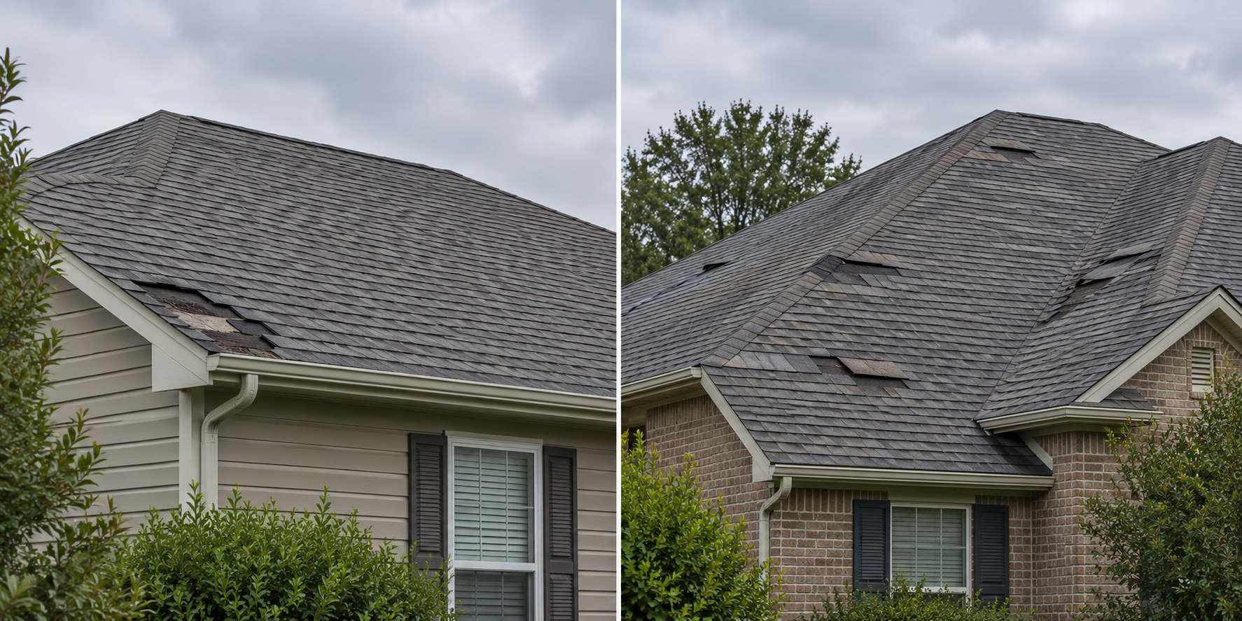 Ground-level views contrast a localized edge-area loss with several lifted shingle areas across a more complex roof.